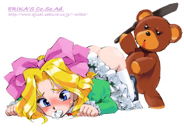 shibata masahiro, iris chateaubriand, jean paul, sakura taisen, 00s, 1girl, bdsm, blonde hair, blue eyes, blush, bondage, bound, bow, hair bow, loli, mouth hold, no panties, panties, panties in mouth, short hair, simple background, skirt, spanked, stuffed animal, stuffed toy, sweatdrop, teddy bear, thighhighs, top-down bottom-up, underwear, watermark, web address, white background