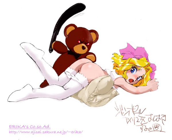 shibata masahiro, iris chateaubriand, jean-paul, jean paul, sakura taisen, 00s, 1boy, 1girl, angry, ass, bent over, blonde hair, blue eyes, blush, bow, feet, full body, hair bow, loli, looking back, panties, panty pull, pink bow, scared, short hair, simple background, skirt, solo focus, spanked, spanking, stuffed animal, stuffed toy, sweatdrop, teddy bear, thighhighs, top-down bottom-up, underwear, watermark, web address, white background