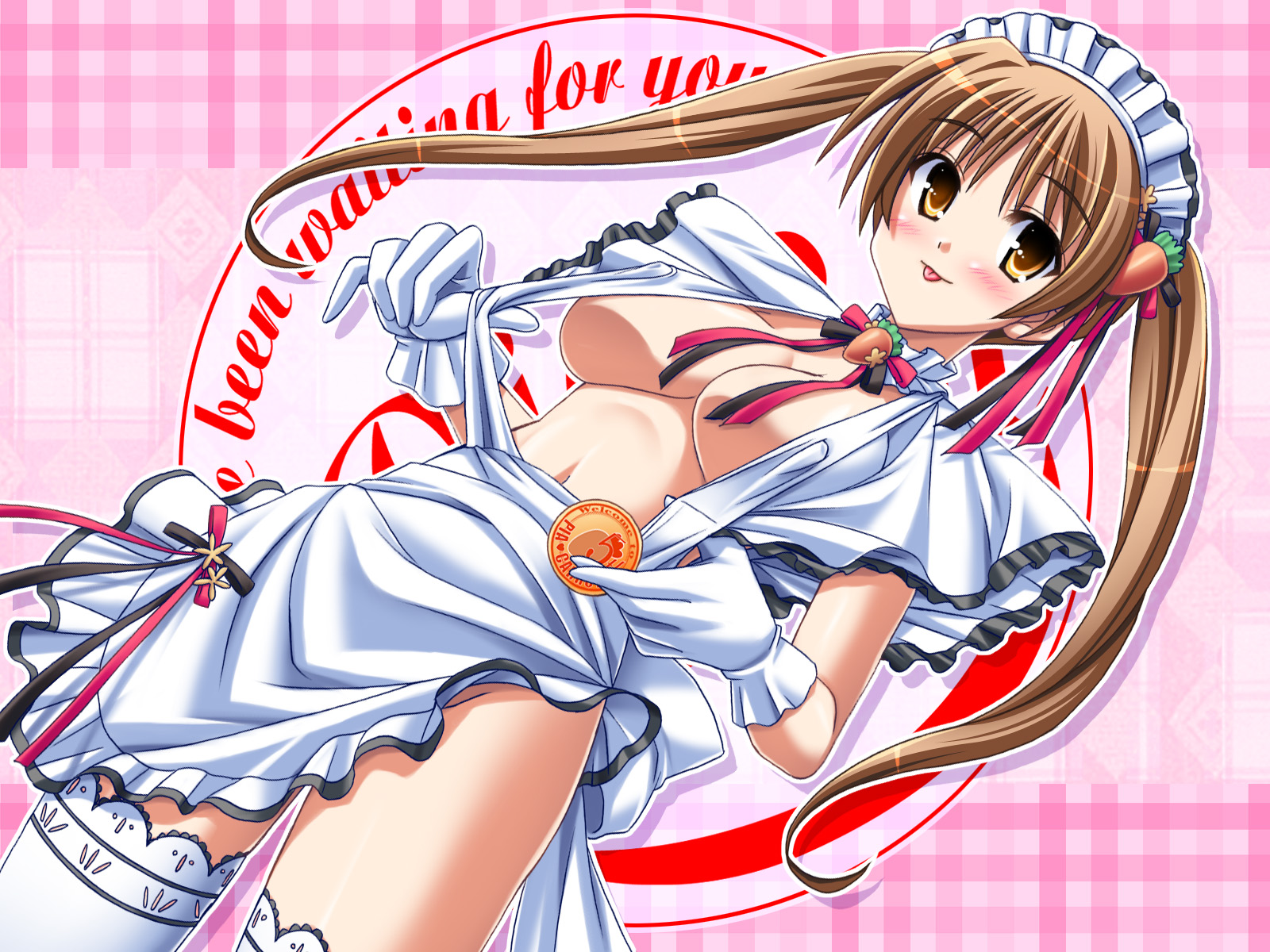 highres, apron, blush, long hair, maid, maid apron, midriff, nude, thighhighs, twintails
