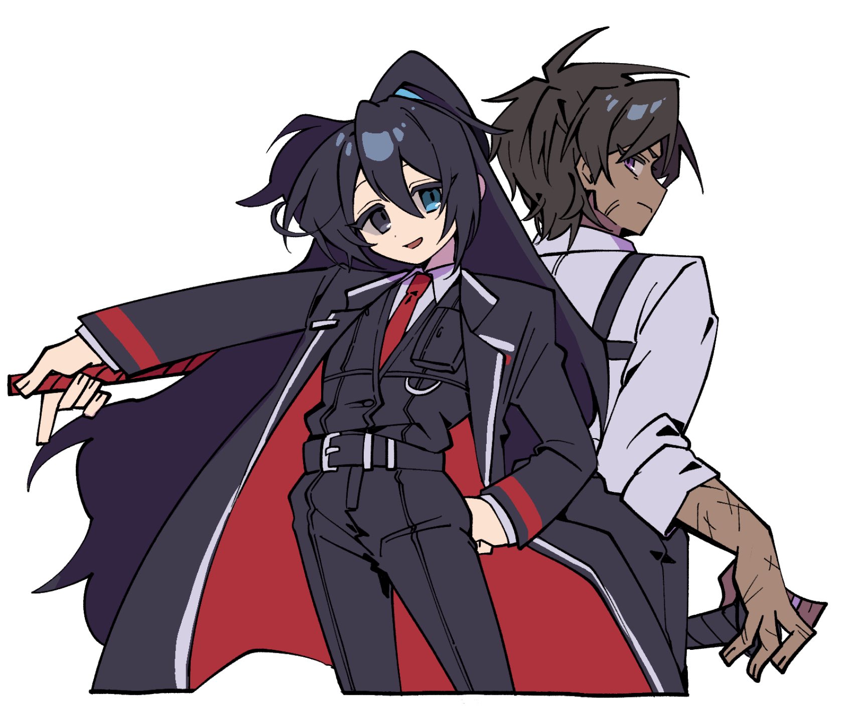 nantekottawo!!, heathcliff (project moon), hong lu (project moon), limbus company, project moon, highres, 2boys, black coat, black eyes, black hair, black pants, black vest, blue eyes, brown hair, coat, collared shirt, dark-skinned male, dark skin, heterochromia, high ponytail, long hair, long sleeves, looking at viewer, male focus, multiple boys, necktie, open mouth, pants, ponytail, purple eyes, red necktie, scar, shirt, short hair, simple background, standing, upper body, vest, white background, white shirt