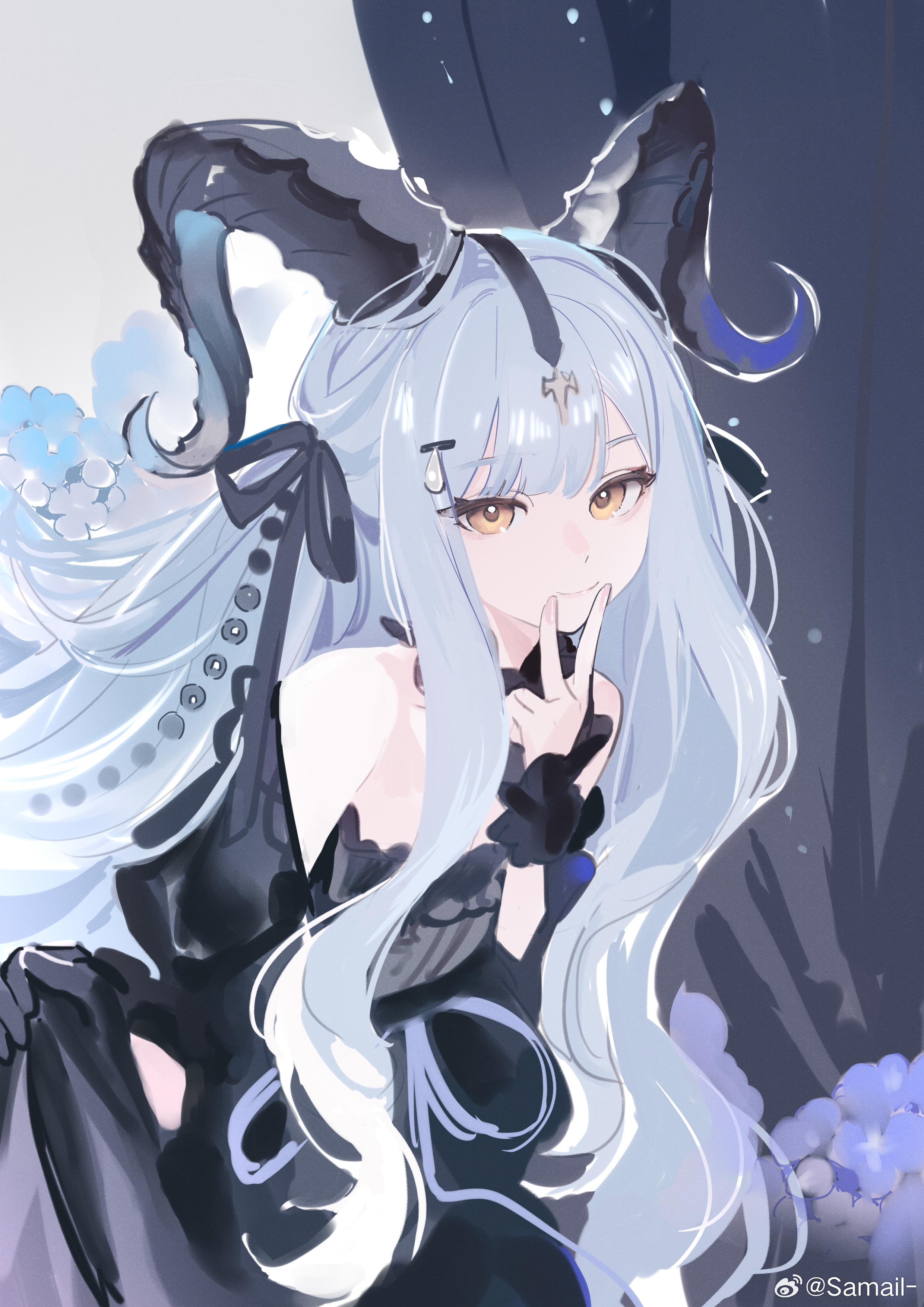 samail, togawa sakiko, arknights, bang dream!, bang dream! it's mygo!!!!!, absurdres, highres, 1girl, bare shoulders, black dress, black horns, black ribbon, blue hair, closed mouth, curled horns, dress, hair ornament, hair ribbon, horns, long hair, looking at viewer, official alternate costume, ribbon, solo, togawa sakiko (master of melodia), v, v over mouth, watermark, weibo username, weibo watermark, wrist wrap, yellow eyes