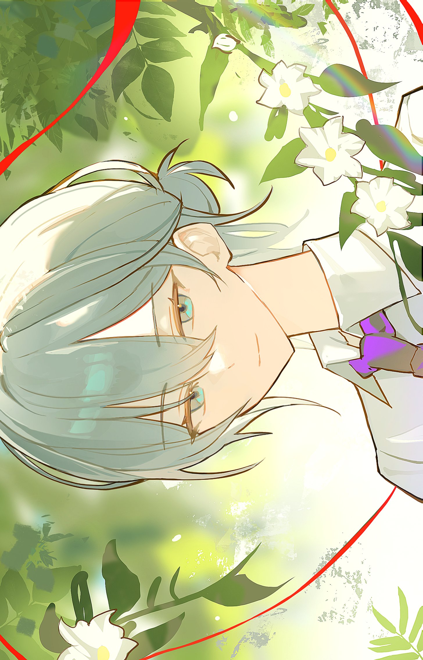 18trip, highres, korean commentary, 1boy, 2×4 2in4, closed mouth, flower, grey eyes, grey hair, hachinoya nagi, hair between eyes, half updo, light particles, light smile, looking at viewer, male focus, medium hair, portrait, red ribbon, ribbon, sideways, smile, solo, white flower