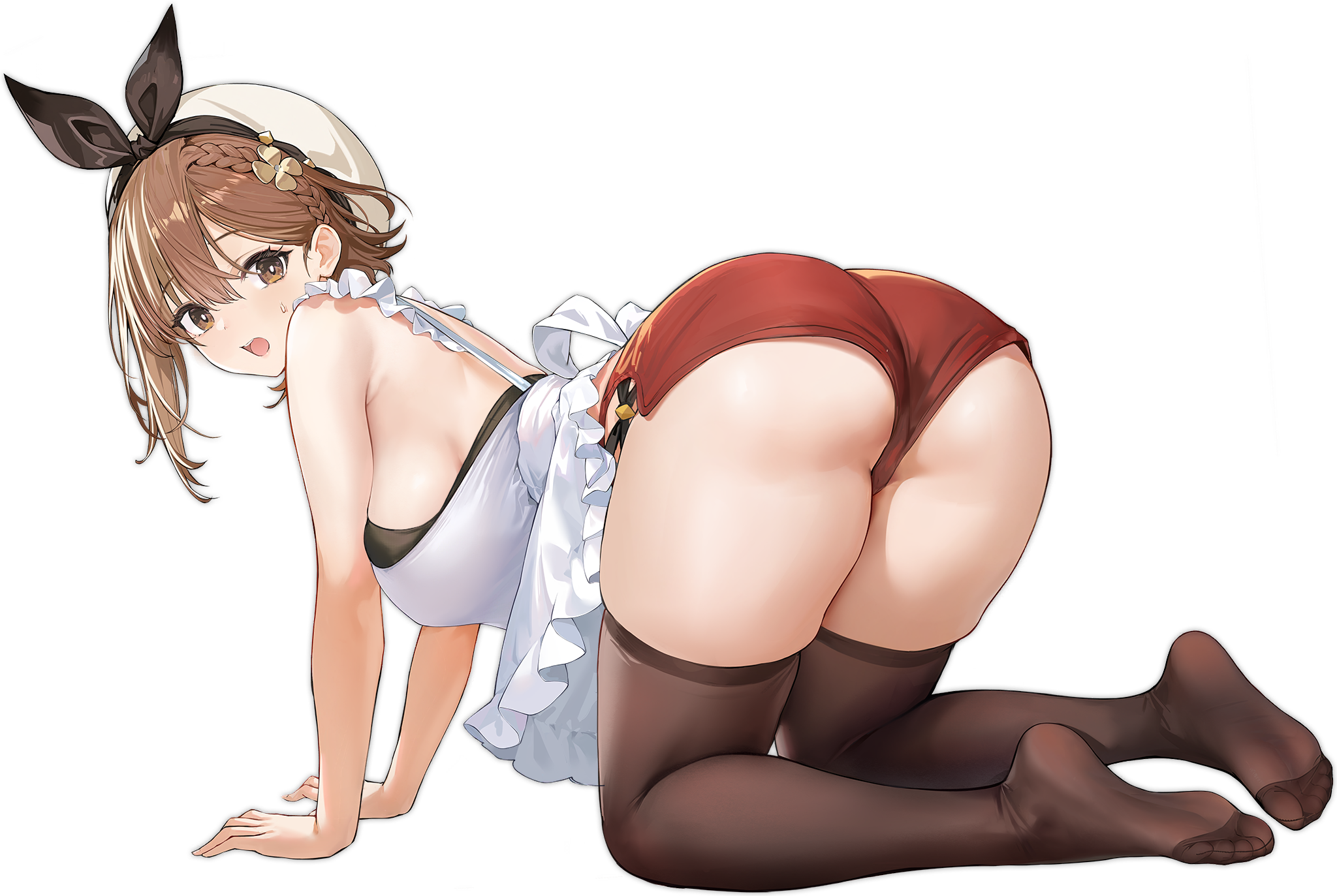 reisalin stout, reisalin stout (new culinary horizons), atelier (series), atelier ryza, atelier ryza 2, azur lane, artist request, highres, 1girl, all fours, apron, ass, bare arms, black thighhighs, blush, breasts, brown eyes, brown hair, camisole, hair between eyes, hat, hat ribbon, large breasts, long hair, looking at viewer, open mouth, red shorts, ribbon, short shorts, shorts, sidelocks, simple background, soles, solo, thick thighs, thighhighs, thighs, toes, transparent background, white apron, white camisole, white hat