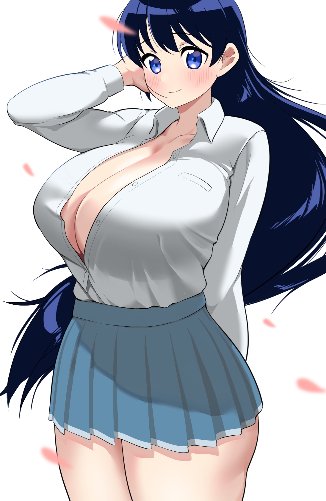 imiin, arato nagi, ruri no houseki, commentary request, highres, 1girl, black hair, blue skirt, blush, breasts, cherry blossoms, cleavage, collarbone, collared shirt, hand in own hair, huge breasts, long hair, long sleeves, looking at viewer, purple eyes, shirt, shirt tucked in, simple background, skirt, smile, solo, standing, thighs, unbuttoned, unbuttoned shirt, very long hair, white background, white shirt