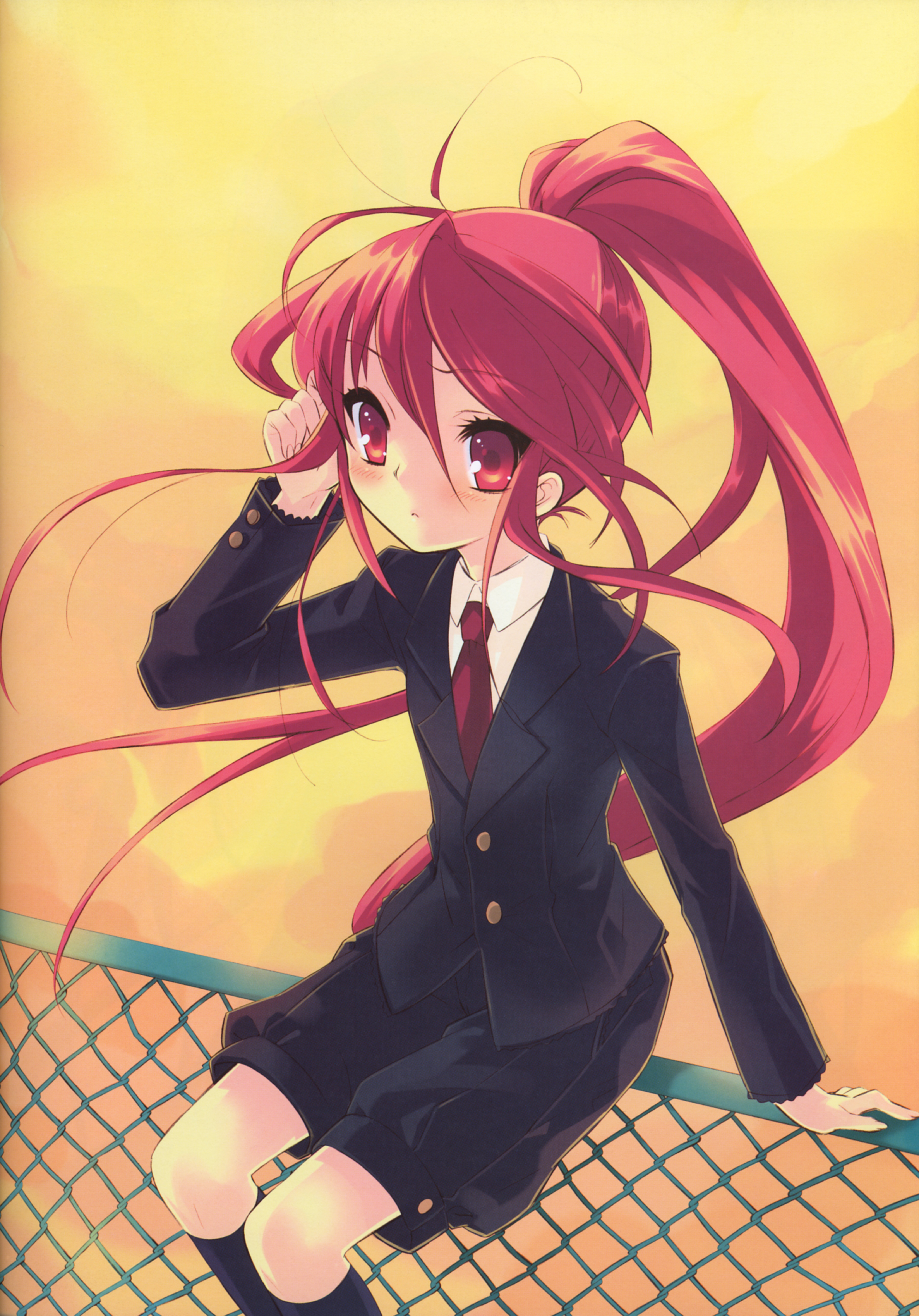 ito noizi, shana, shakugan no shana, absurdres, highres, 00s, 1girl, blush, female focus, formal clothes, long hair, necktie, pant suit, pants, pencil skirt, ponytail, red eyes, red hair, shorts, skirt, skirt suit, solo, suit