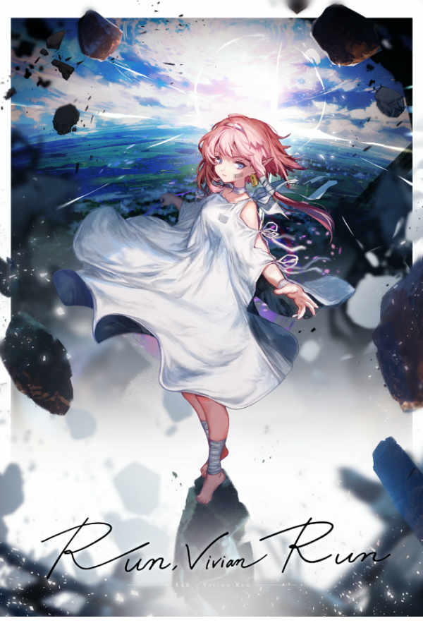 narita imomushi, commentary request, official art, 1girl, bandaged ankle, bandages, barcode, barcode tattoo, barefoot, blue eyes, blue sky, border, cheek tattoo, closed mouth, cloud, copyright name, dress, ear tag, floating rock, hairband, killing me/killing you, lens flare, medium hair, outside border, pink hair, planet, pointy ears, rock, run vivian run, sidelocks, sky, solo, standing, sun, sunrise, tattoo, vivian (killing me/killing you), white border, white dress, white hairband