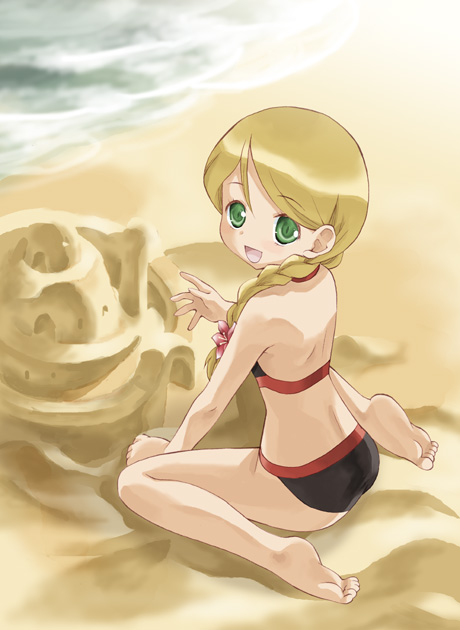takano natsuki, august (coyote ragtime show), coyote ragtime show, 00s, barefoot, beach, bikini, blush, braid, feet, long hair, sand castle, sand sculpture, solo, swimsuit