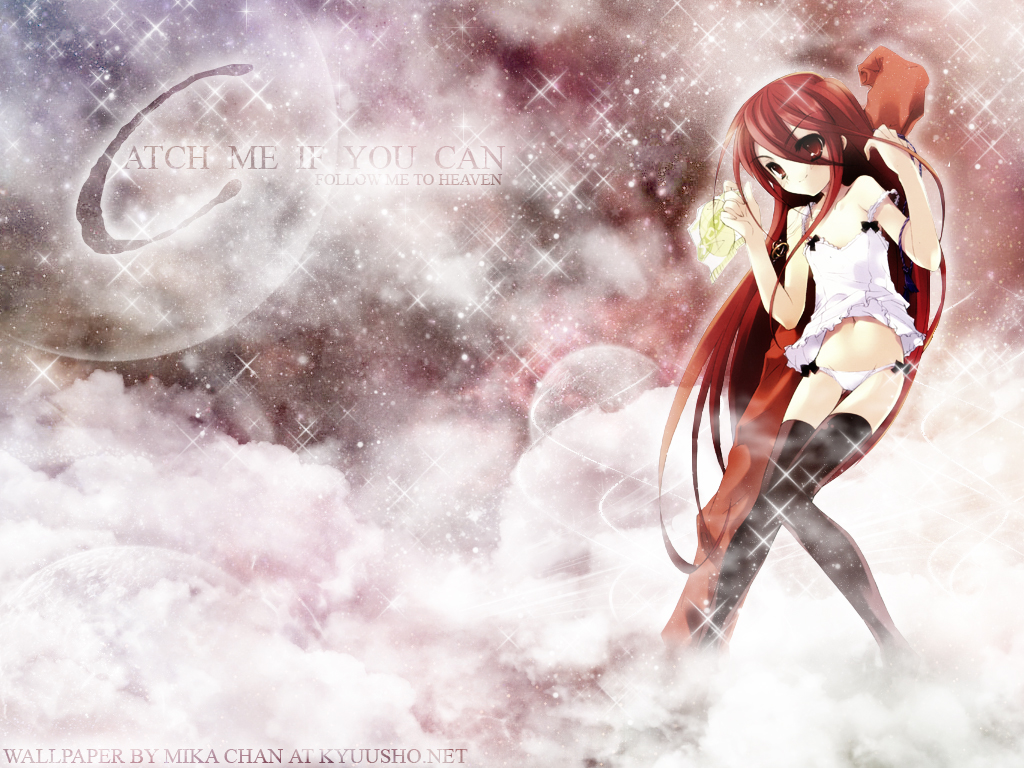 shana, shakugan no shana, 00s, dress, food, long hair, midriff, panties, red eyes, red hair, skirt, thighhighs, underwear