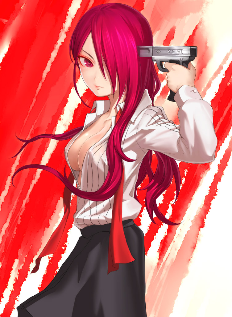 kirijou mitsuru, atlus, persona, persona 3, breasts, gun, long hair, open clothes, open shirt, shirt, skirt, weapon