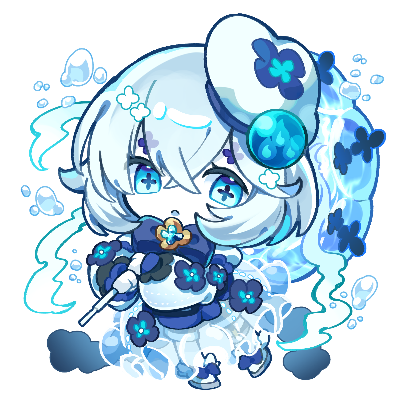 kuuron (moesann17), puzzle & dragons, highres, 1girl, beret, blue dress, blue eyes, blue hat, chibi, dress, floral print, flower, hair flower, hair ornament, hat, jellia (p&d), open mouth, short hair, simple background, solo, white background, white dress, white hair
