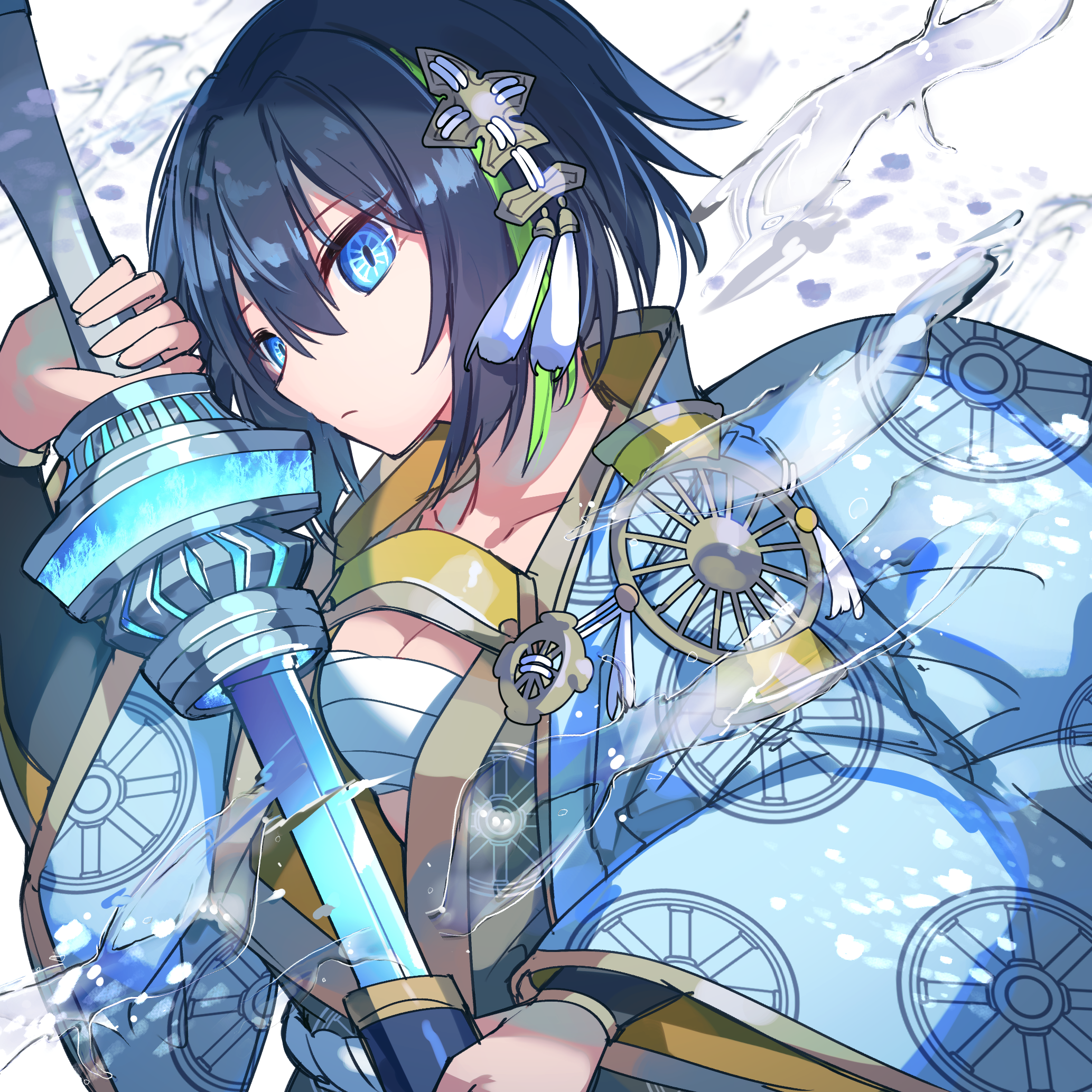kuuron (moesann17), puzzle & dragons, highres, 1girl, blue eyes, blue hair, blue kimono, breasts, cleavage, feathers, green hair, hair ornament, holding, holding weapon, japanese clothes, kimono, multicolored hair, ornate clothes, seina (p&d), serious, short hair, solo, splashing, streaked hair, sword, weapon, white kimono