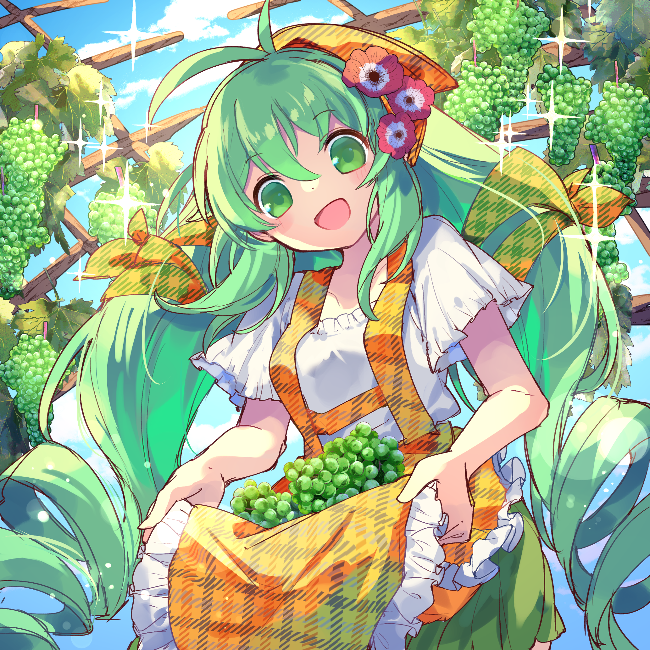 kuuron (moesann17), vineyard, alraune (p&d), puzzle & dragons, highres, 1girl, apron, bow, flower, flower on head, food, fruit, grapes, green eyes, green hair, hair bow, hair flower, hair ornament, holding grape, long hair, open mouth, orange apron, shirt, short sleeves, smile, solo, very long hair, white shirt, yellow bow