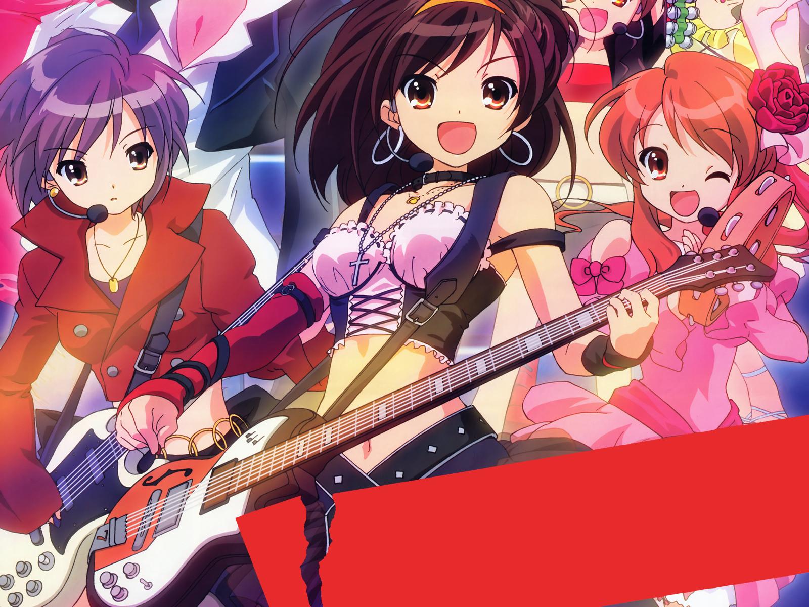 asahina mikuru, nagato yuki, suzumiya haruhi, suzumiya haruhi no yuuutsu, highres, 00s, guitar, instrument, long hair, short hair