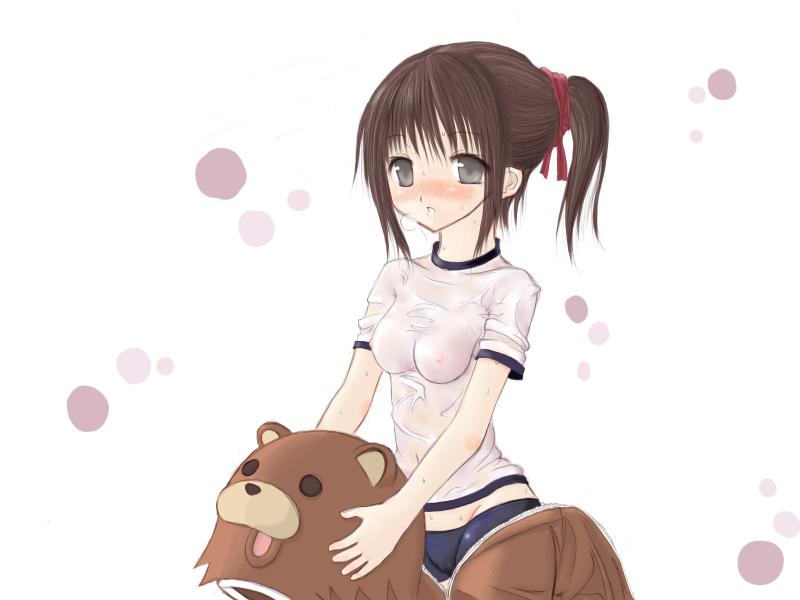 kuma (2ch), pedobear, original, non-web source, source request, 1girl, animal costume, bear costume, bike shorts, blush, breasts, breath, brown hair, cameltoe, cosplay, female focus, grey eyes, long hair, midriff, nipples, ponytail, see-through clothes, shirt, small breasts, solo, sweat, wet, wet clothes, wet shirt