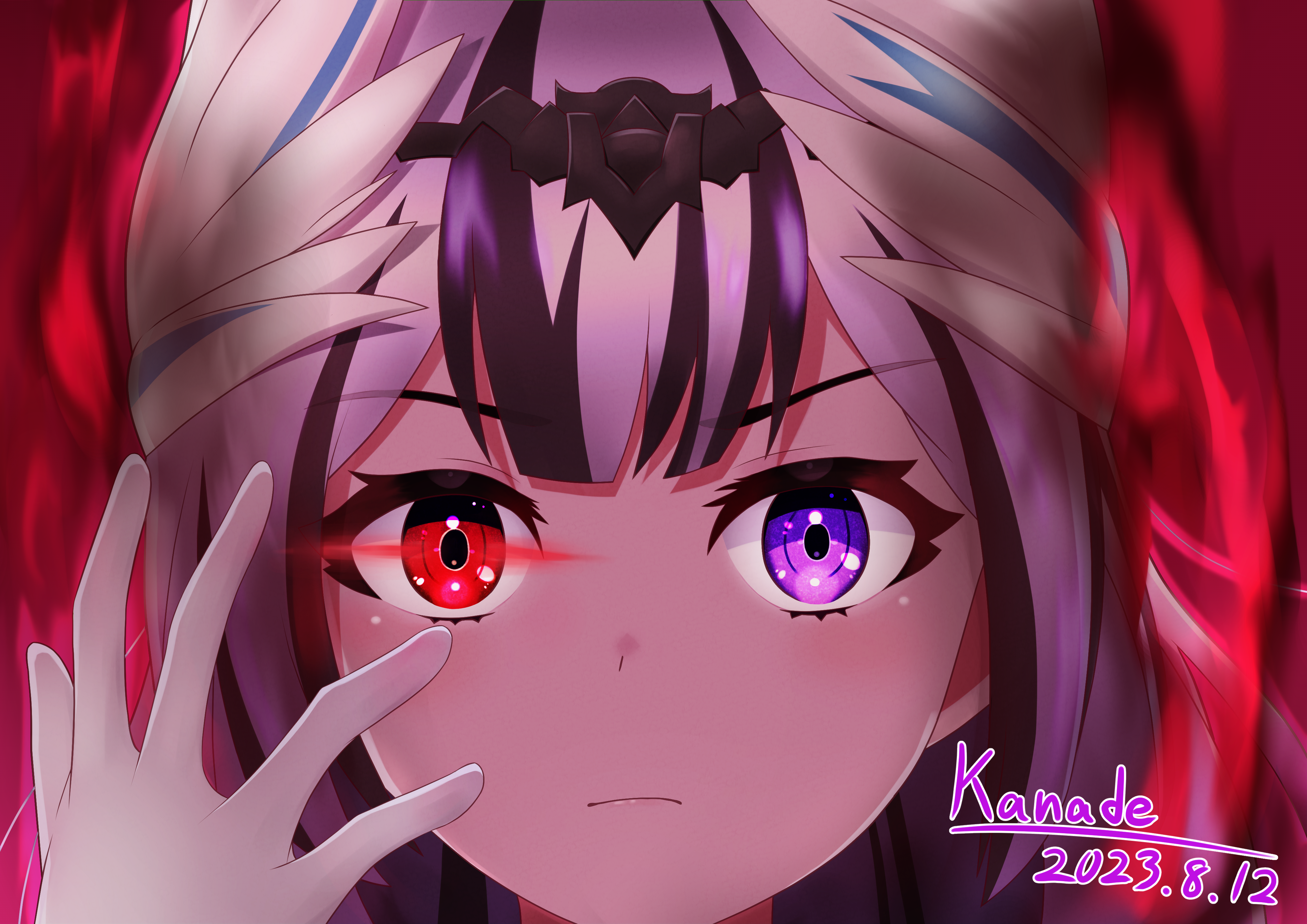 kanade20207, veyle (fire emblem), fire emblem, fire emblem engage, nintendo, absurdres, highres, 1girl, black hair, grey hair, hair ornament, heterochromia, looking at viewer, multicolored hair, purple eyes, red eyes, solo, two-tone hair, wing hair ornament