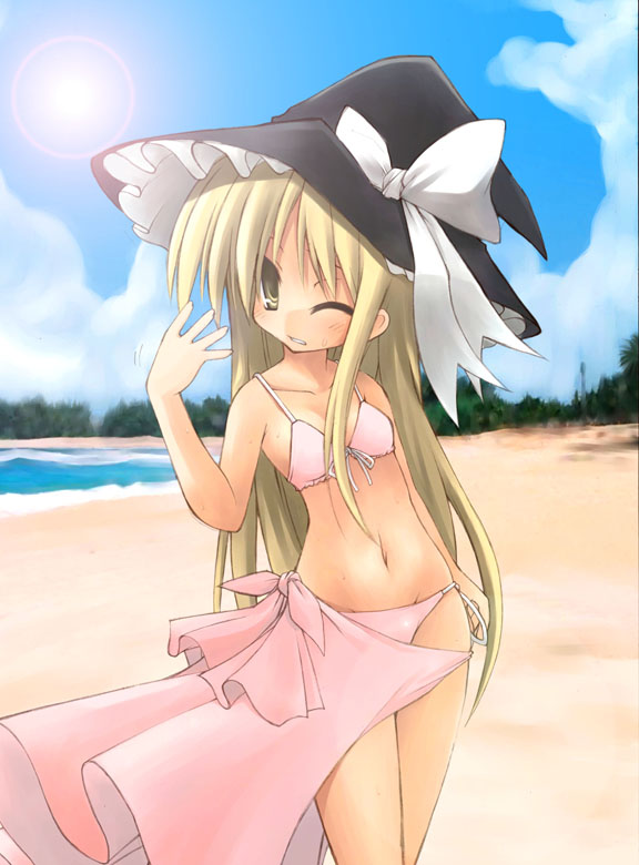 nikubanare, kirisame marisa, touhou, 1girl, beach, bikini, black hat, blonde hair, blush, day, female focus, hat, long hair, nature, one eye closed, outdoors, pink bikini, pink sarong, plant, sarong, sky, solo, swimsuit, wink, witch, witch hat
