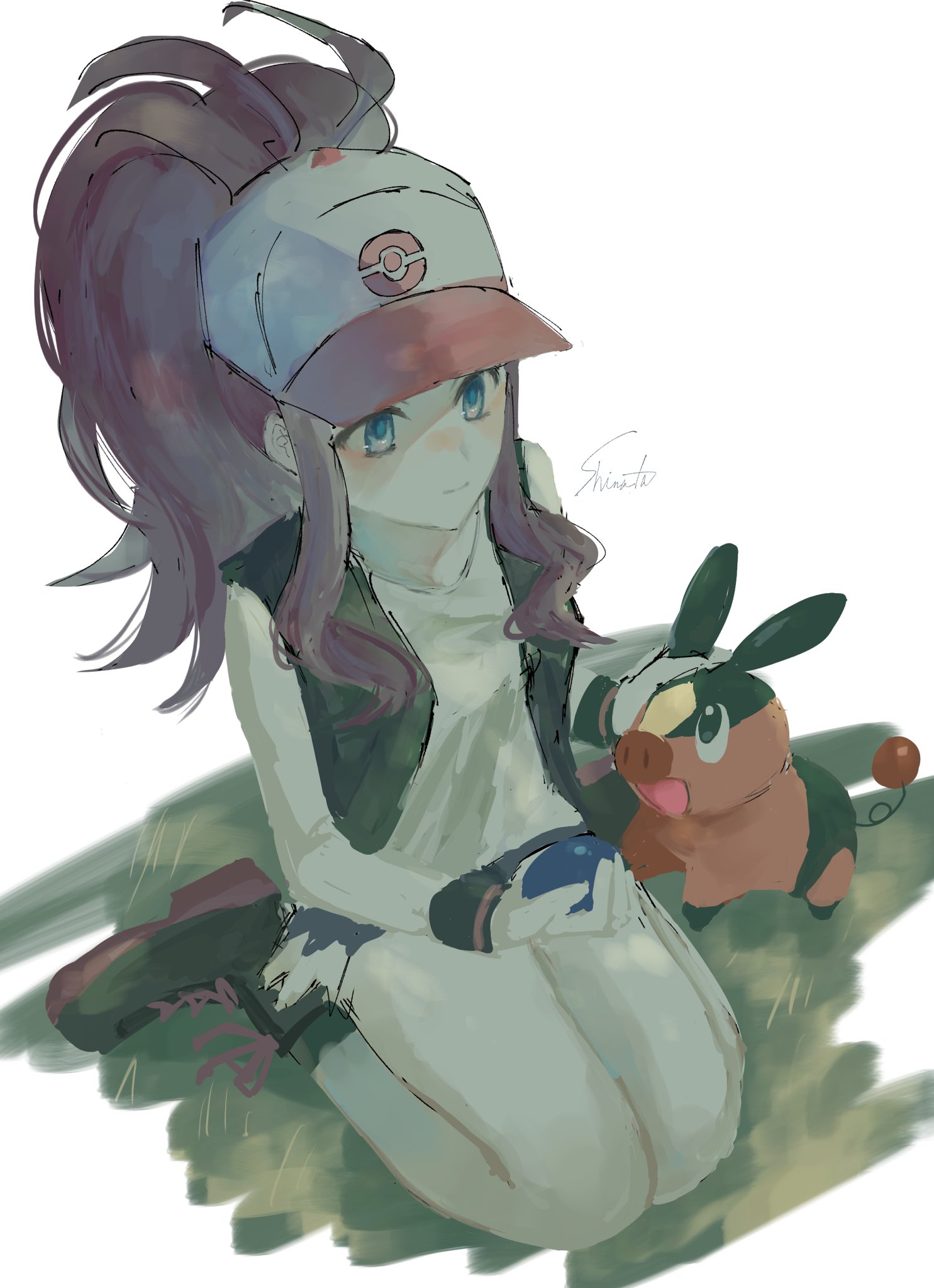 shirata mint, hilda (pokemon), tepig, nintendo, pokemon, pokemon bw, highres, 1girl, baseball cap, black shoes, black vest, blue eyes, brown hair, cutoffs, denim, denim shorts, exposed pocket, gen 5 pokemon, hat, high ponytail, open clothes, open vest, poke ball print, ponytail, seiza, shirt, shoes, shorts, sitting, smile, vest, white background, white shirt, wristband