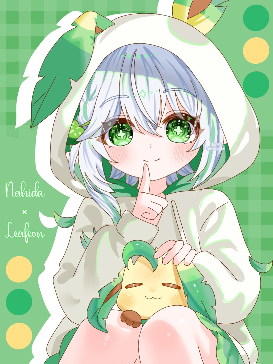 hitsuki (ruon), leafeon, nahida (genshin impact), genshin impact, nintendo, pokemon, commentary request, highres, 1girl, :3, animal ear hood, blush, character name, closed mouth, cross-shaped pupils, crossover, fake animal ears, finger to mouth, gen 4 pokemon, green background, green eyes, green hair, hair between eyes, hair ornament, hood, hood up, leaf hair ornament, long hair, long sleeves, looking at viewer, multicolored hair, sitting, sitting on lap, sitting on person, smile, solo, symbol-shaped pupils, white hair