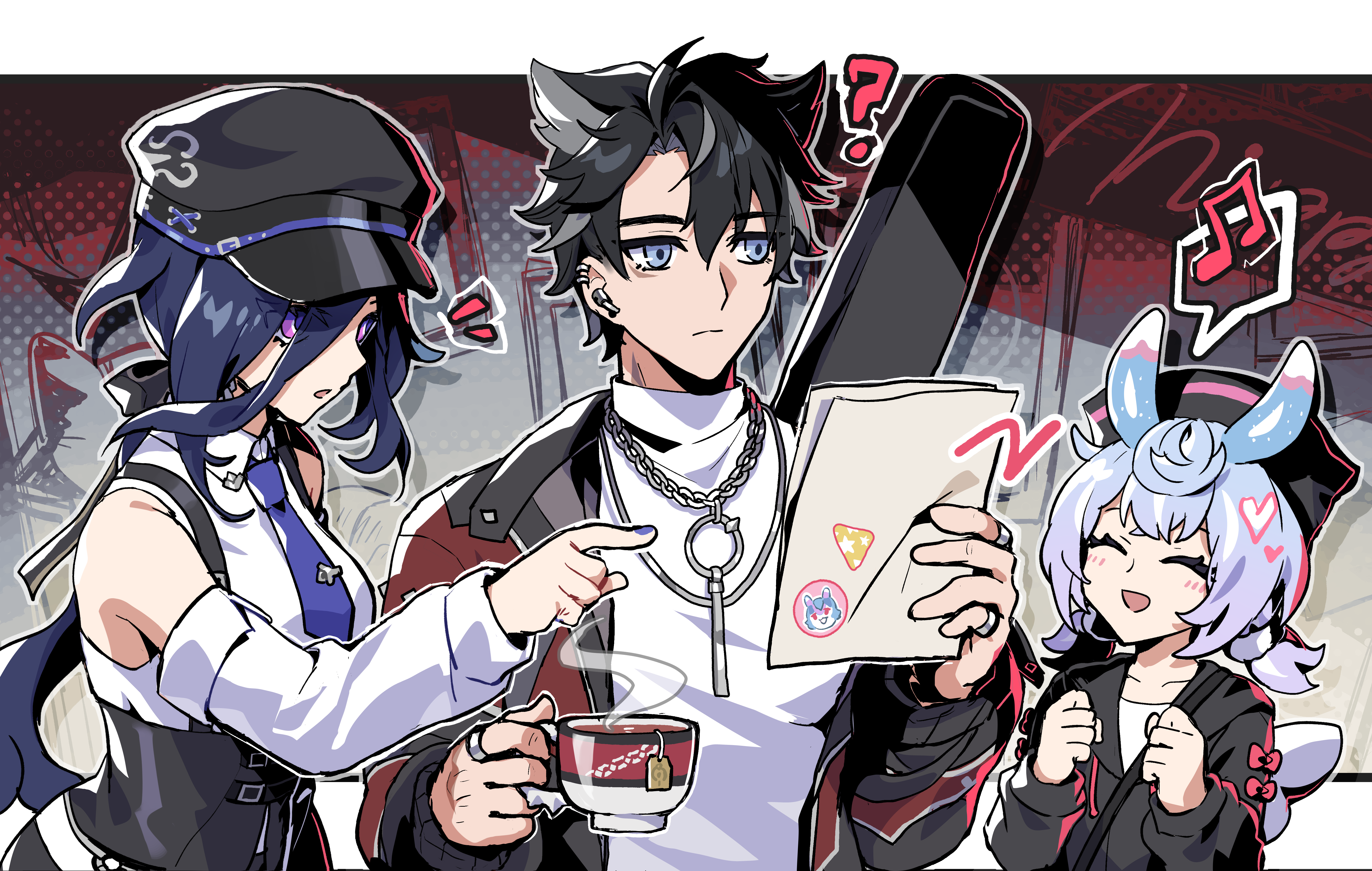 sakana (fishchunk), clorinde (genshin impact), sigewinne (genshin impact), wriothesley (galaxy store) (genshin impact), wriothesley (genshin impact), genshin impact, absurdres, commentary request, highres, 1boy, 2girls, ?, alternate costume, bare shoulders, black hair, black hat, black hoodie, blue hair, clenched hands, closed eyes, closed mouth, clothing cutout, collared shirt, cup, earclip, earrings, grey eyes, hat, holding, holding cup, holding paper, hood, hoodie, jacket, jewelry, long hair, low-tied long hair, low twintails, multiple girls, musical note, necklace, open mouth, paper, peaked cap, pointing, purple eyes, purple nails, ring, shirt, shoulder cutout, twintails, white shirt
