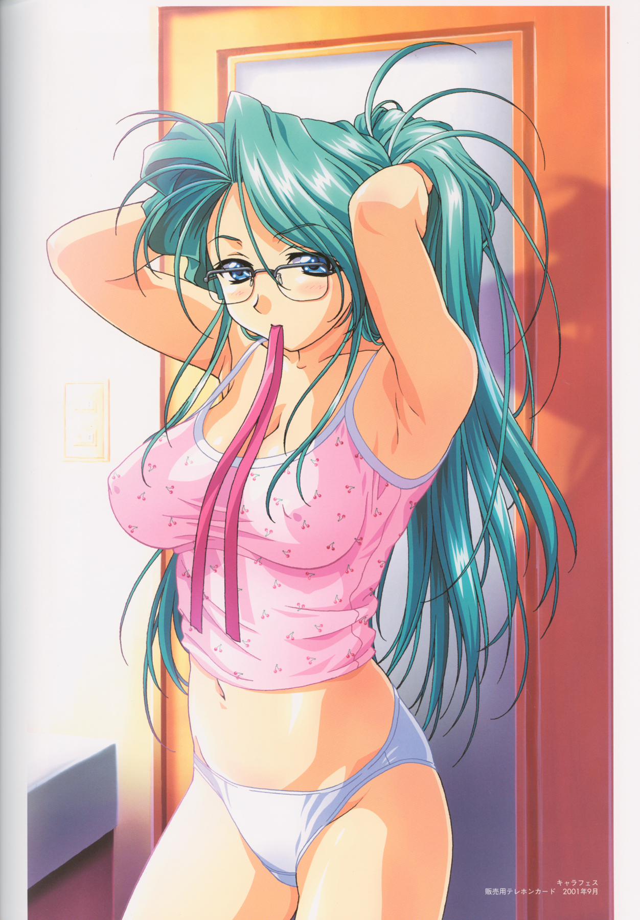 divergence eve, character request, highres, 1girl, 2001, adjusting hair, arms behind head, arms up, blue eyes, blush, breasts, cleavage, collarbone, cowboy shot, door, female focus, glasses, impossible clothes, impossible shirt, indoors, long hair, looking at viewer, medium breasts, navel, panties, pink shirt, shadow, shirt, sleeveless, sleeveless shirt, solo, strap gap, underwear, underwear only, white panties