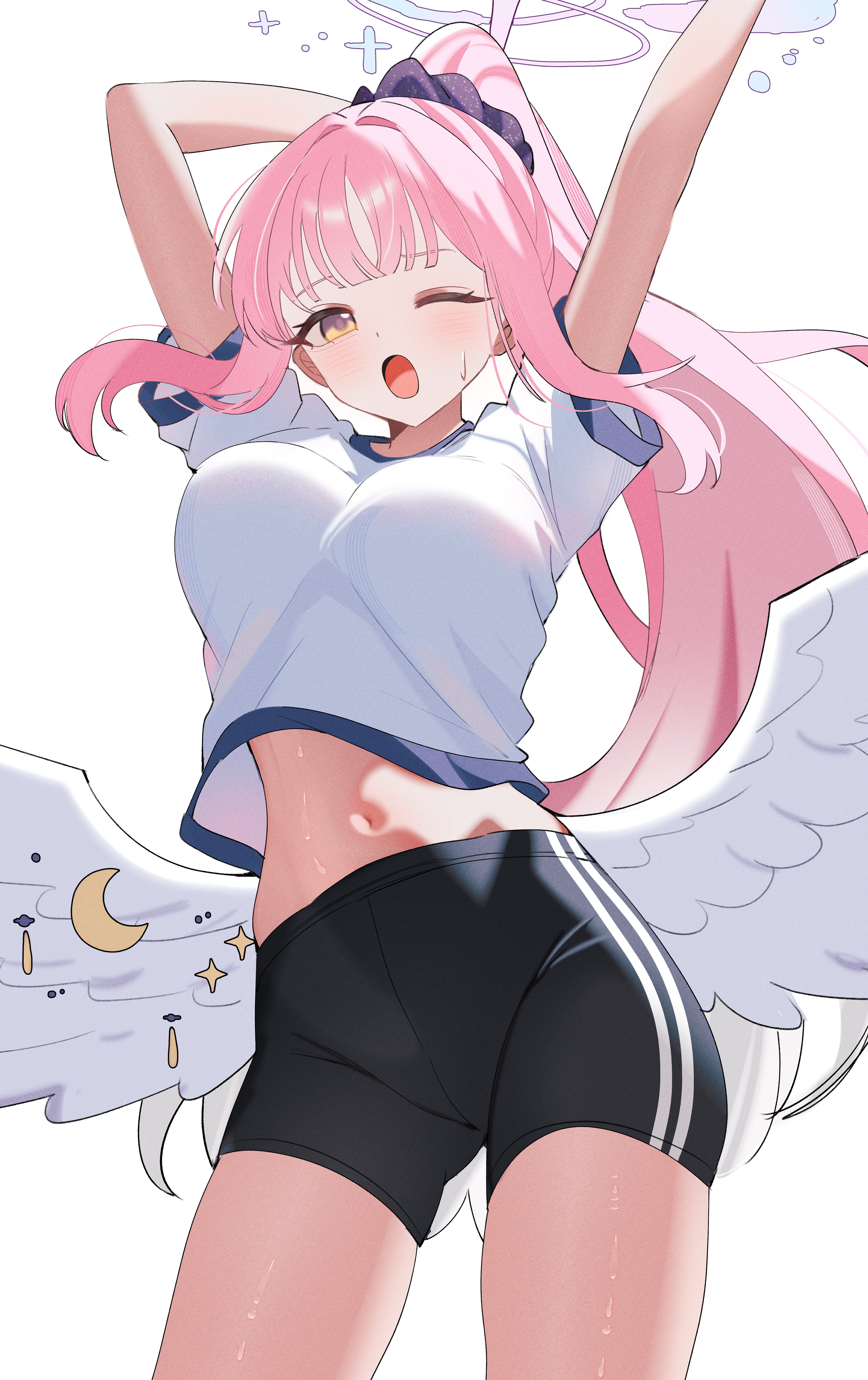 shusuchii, mika (blue archive), blue archive, absurdres, highres, 1girl, alternate costume, black shorts, breasts, halo, large breasts, long hair, midriff, navel, one eye closed, open mouth, pink hair, ponytail, shirt, shorts, simple background, solo, white background, white shirt, white wings, wings, yellow eyes