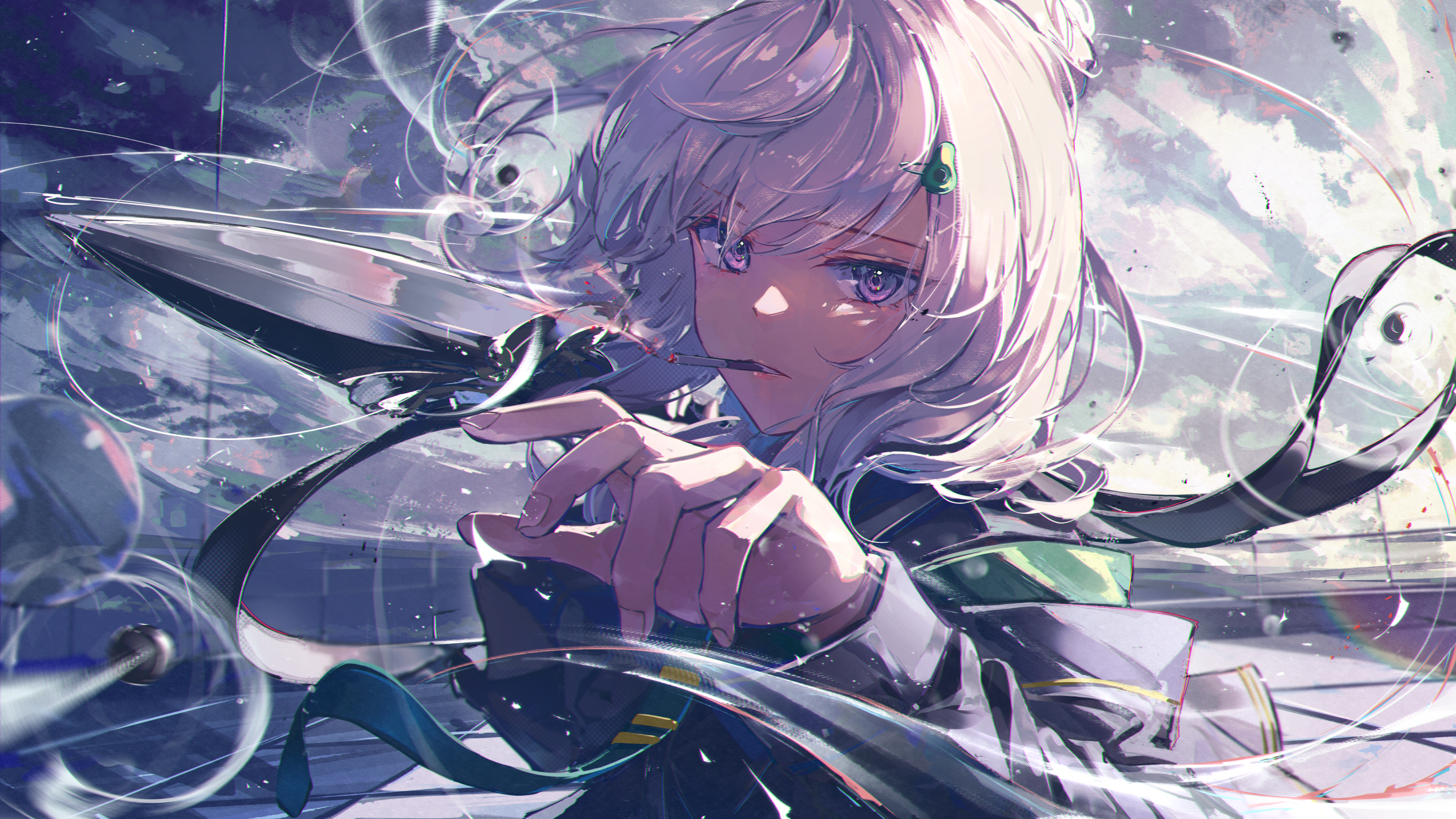 fuunyon, original, commentary request, highres, 1girl, black shirt, cigarette, cloud, green necktie, hand up, long hair, long sleeves, looking at viewer, necktie, outdoors, parted lips, purple eyes, shirt, solo, tie clip, upper body, white hair
