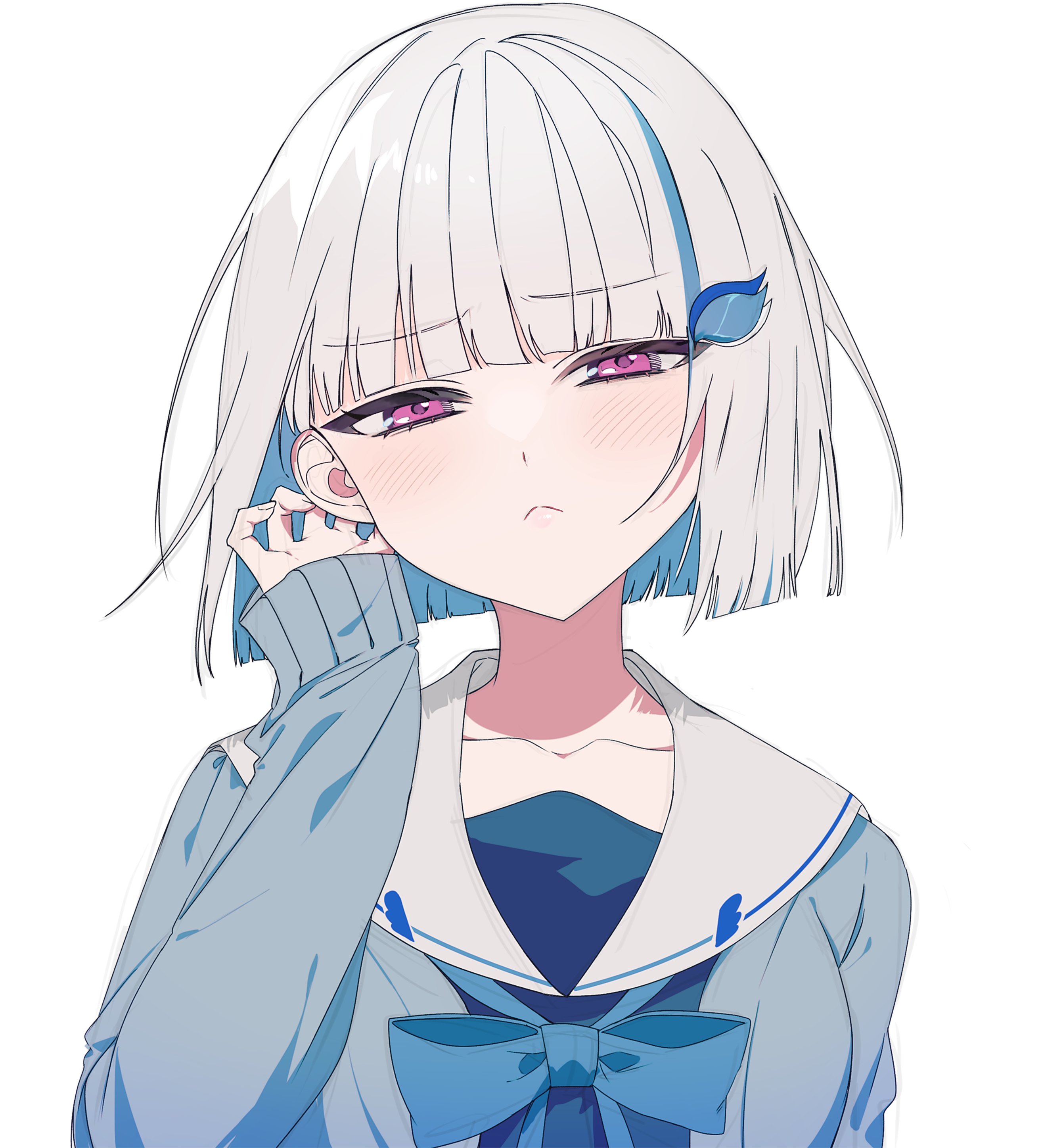 p kotai, lize helesta, lize helesta (4th costume), nijisanji, absurdres, highres, 1girl, blue bow, blue bowtie, blue cardigan, blue hair, bob cut, bow, bowtie, cardigan, colored inner hair, hair ornament, hairclip, multicolored hair, official alternate costume, pink eyes, sailor collar, school uniform, serafuku, short hair, simple background, solo, straight hair, two-tone hair, upper body, virtual youtuber, white background, white hair, white sailor collar