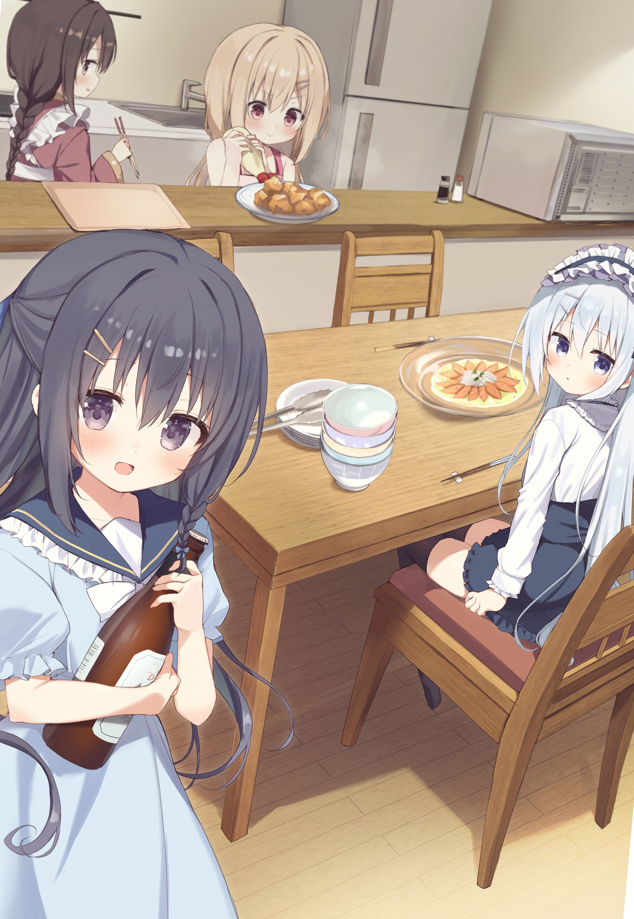 takepoison, chiyu (imooka), fuuri (imooka), yuuko (imooka), imooka, absurdres, commentary request, commission, highres, skeb commission, 4girls, beer bottle, blonde hair, blue bow, blue dress, blue eyes, blue hair, blue hairband, blue sailor collar, blue skirt, bottle, bow, bowl, bowtie, braid, brown eyes, brown hair, chair, chicken (food), chopsticks, closed mouth, collared shirt, dress, food, fried chicken, frilled hairband, frilled sleeves, frills, hair bow, hair ornament, hairband, hairclip, high-waist skirt, holding, holding bottle, holding chopsticks, indoors, kitchen, lolita hairband, long hair, long sleeves, looking at viewer, low twintails, mayonnaise bottle, mother (imooka), multiple girls, on chair, open mouth, pink eyes, plate, puffy short sleeves, puffy sleeves, refrigerator, sailor collar, sailor dress, shirt, short sleeves, single braid, sitting, skirt, smile, table, twintails, white bow, white bowtie, white shirt