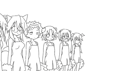 buffalo (trickster), bunny (trickster), cat (trickster), dragon (trickster), fox (trickster), hiiragi kagami, hiiragi tsukasa, izumi konata, lion (trickster), raccoon (trickster), sheep (trickster), takara miyuki, lucky star, motteke! serafuku, trickster (ntreev soft), animated, animated gif, lowres, 6+girls, animal ears, cat ears, cat tail, cheerleader, cosplay, crossdressing, crossdressing (ftm), fox ears, fox tail, glasses, greyscale, lineart, long hair, monochrome, multiple girls, parody, pom pom (cheerleading), rabbit ears, short hair, siblings, sisters, skirt, tail, twins
