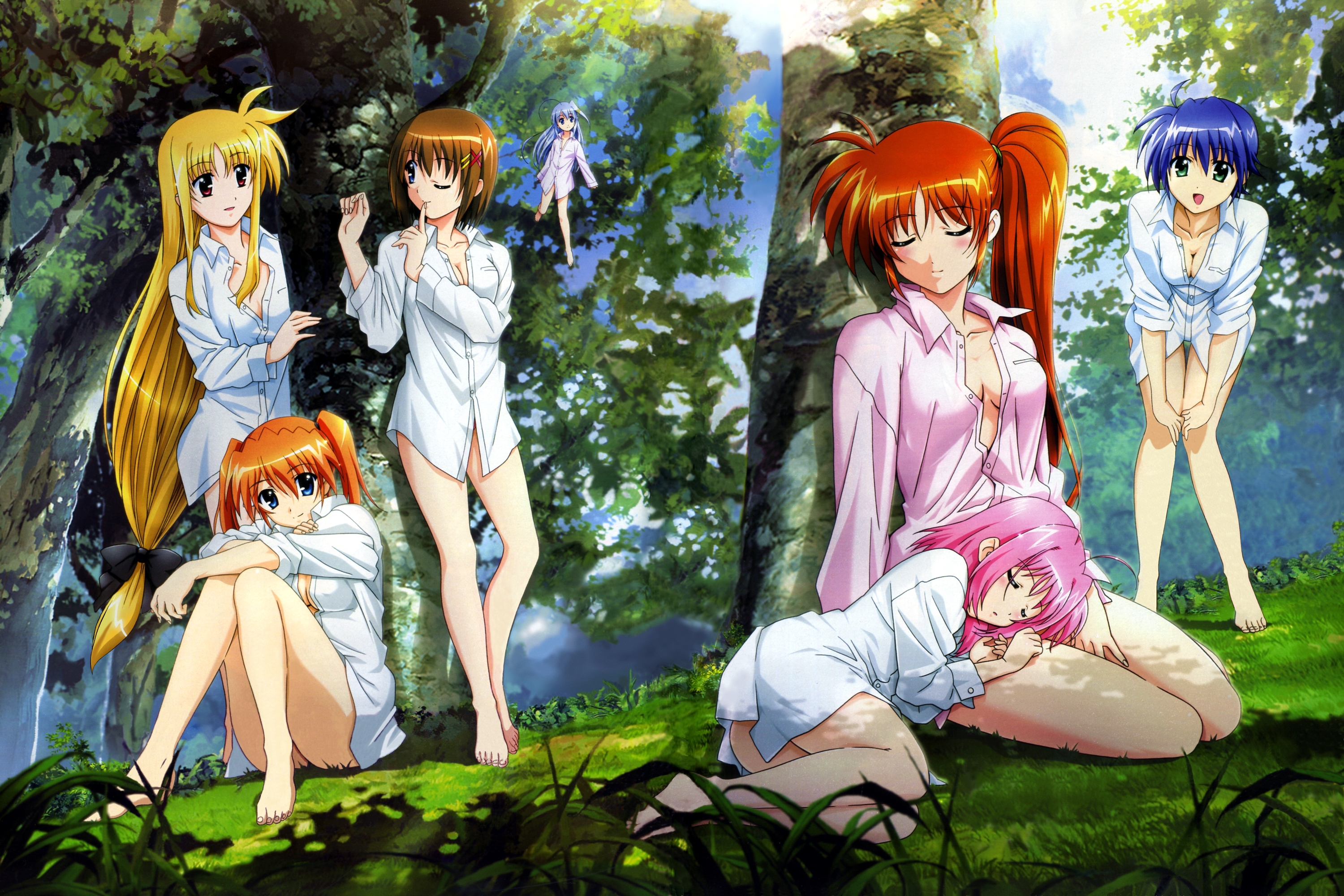 okuda yasuhiro, caro ru lushe, fate testarossa, reinforce zwei, subaru nakajima, takamachi nanoha, teana lanster, yagami hayate, lyrical nanoha, mahou shoujo lyrical nanoha, mahou shoujo lyrical nanoha strikers, highres, barefoot, legs, naked shirt, open clothes, open shirt, shirt, sleeves rolled up