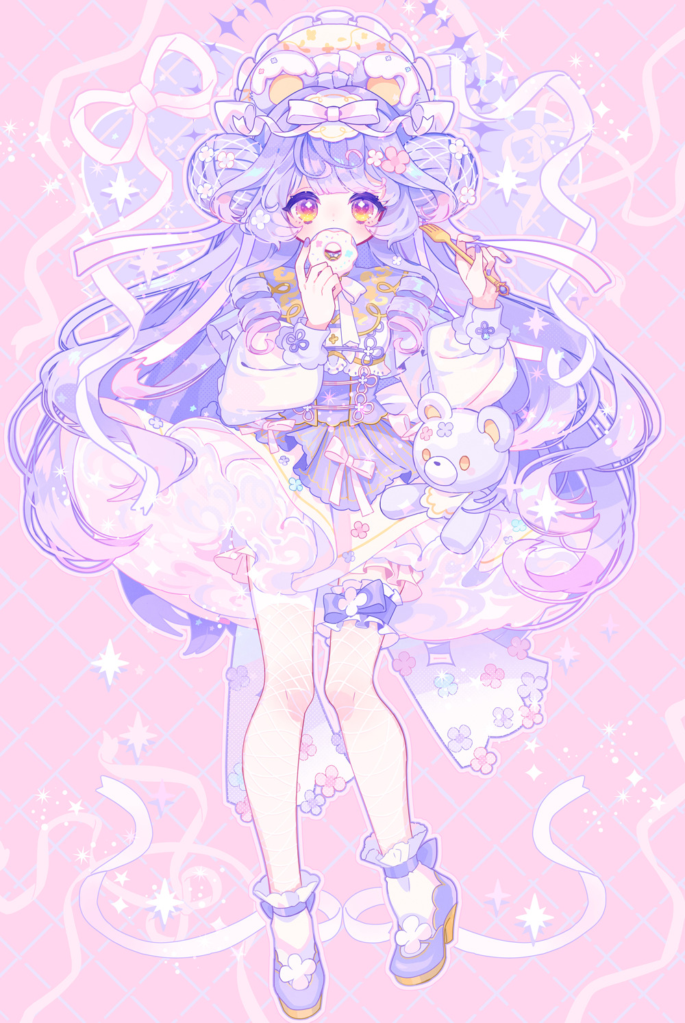 zippo (3756c), original, highres, 1girl, double bun, fishnets, flower, fork, hair bun, hair ornament, holding, long hair, long sleeves, looking at viewer, pastel colors, pink background, purple hair, ribbon, solo, stuffed animal, stuffed toy, teddy bear