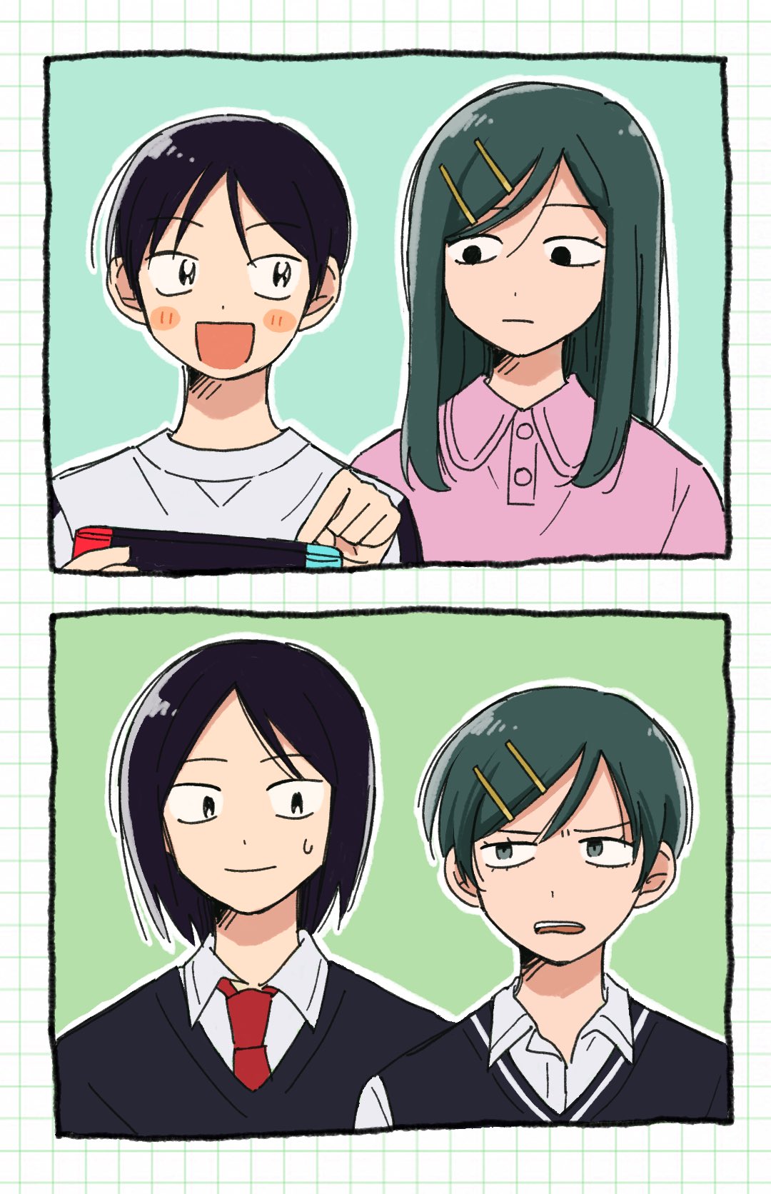 ame (ameno ko), kouyama rin, taguchi ryuuya, futsuu no keion-bu, highres, 1boy, 1girl, :d, :|, aged down, annoyed, aqua background, aqua eyes, aqua hair, black eyes, black hair, black sweater, black sweater vest, blush, closed mouth, collared shirt, cousins, dress shirt, green background, hair ornament, hairpin, handheld game console, holding, holding handheld game console, light smile, long hair, looking at another, necktie, nintendo switch, official alternate hair length, official alternate hairstyle, open mouth, outline, parted bangs, pink shirt, pointing, portrait, red necktie, school uniform, shirt, short hair, small sweatdrop, smile, sweater, sweater vest, upper body, white outline, white shirt
