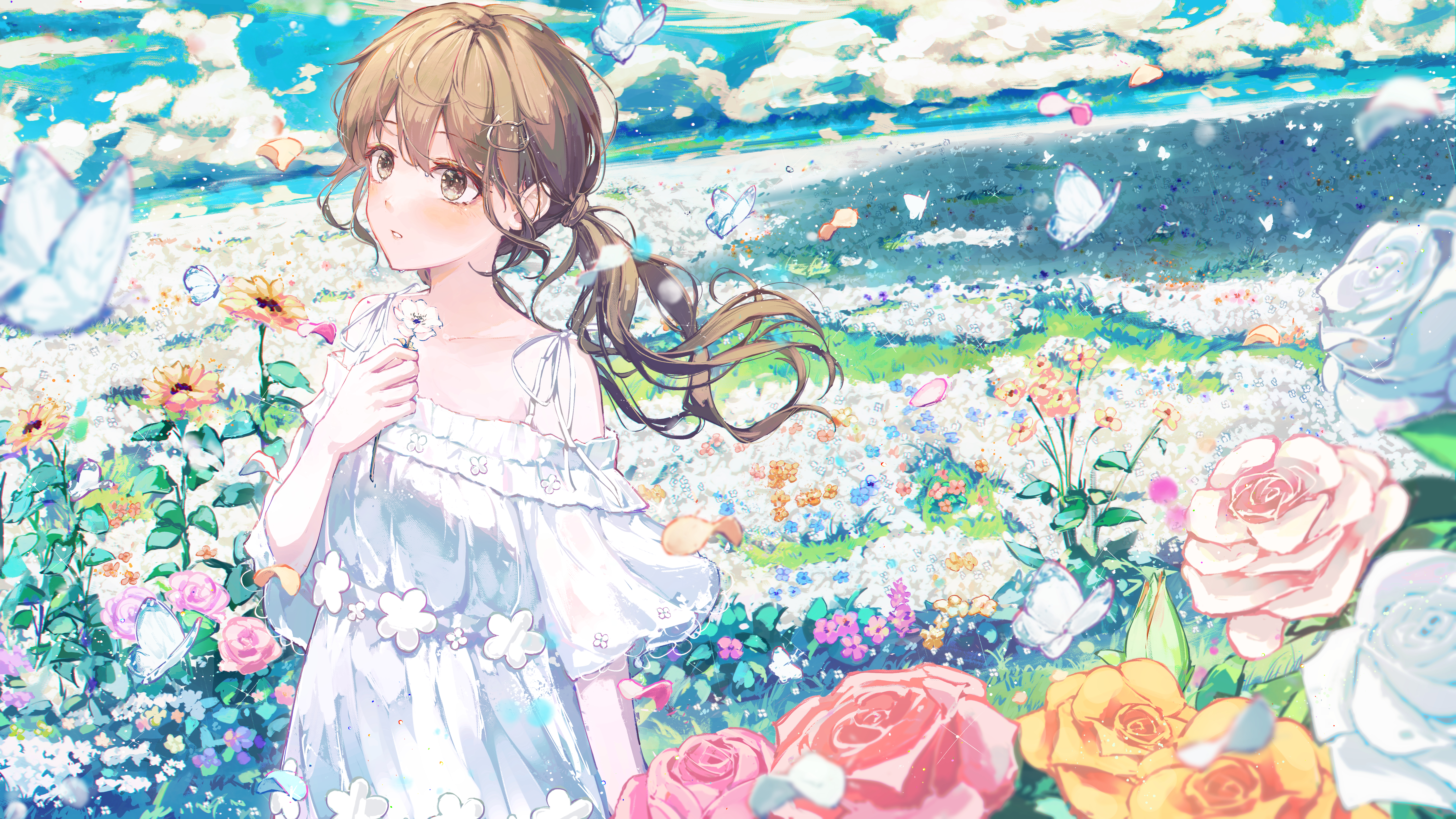 fuunyon, original, absurdres, commentary request, highres, 1girl, :o, blue sky, brown eyes, brown hair, bug, butterfly, cloud, day, dress, field, flower, flower field, insect, long hair, outdoors, ponytail, poppy (flower), rose, sky, solo, sunflower, white butterfly, white dress