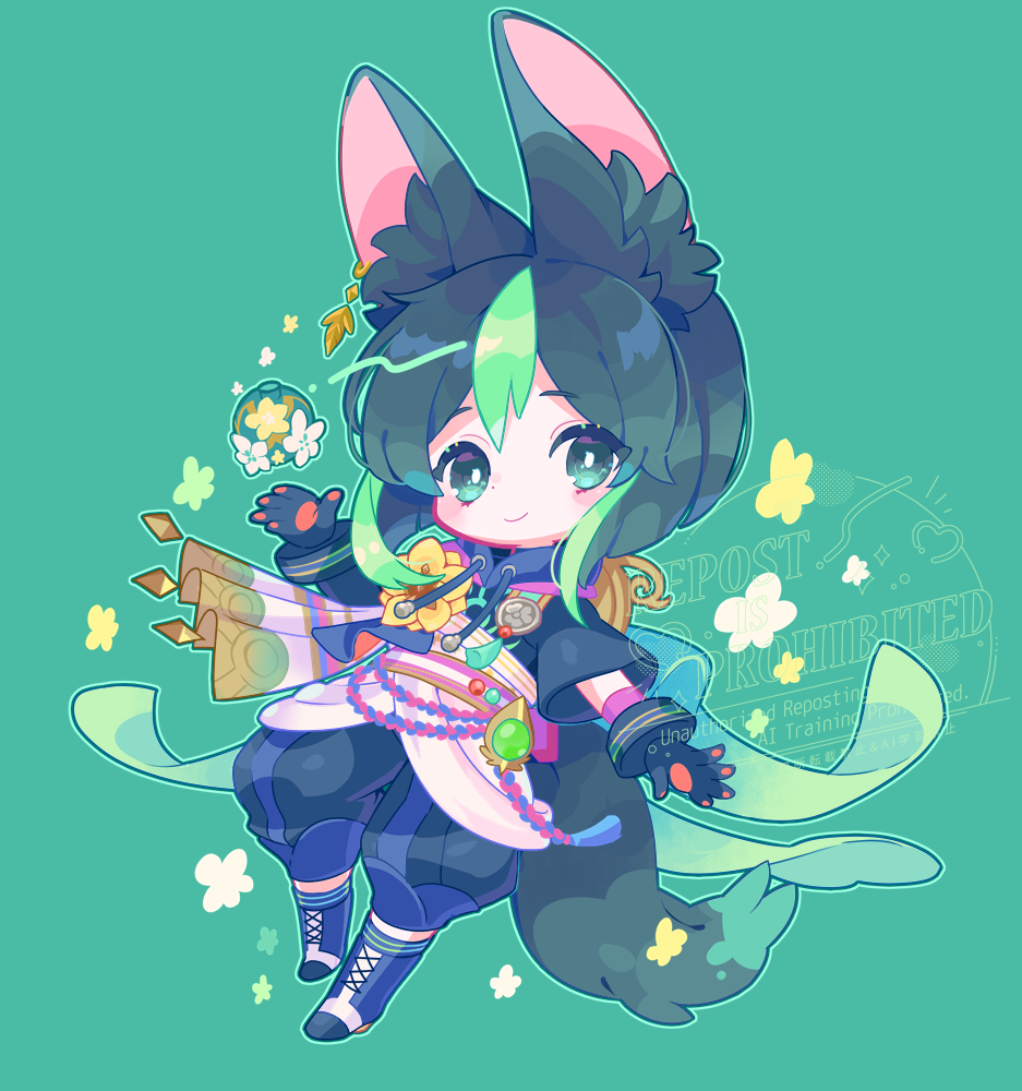 zippo (3756c), tighnari (genshin impact), genshin impact, 1boy, animal ear fluff, animal ears, black gloves, black hair, boots, chibi, flower, fox boy, fox ears, fox tail, full body, gloves, green background, green eyes, green hair, looking at viewer, male focus, medal, multicolored hair, short hair, simple background, smile, solo, streaked hair, tail, vision (genshin impact)