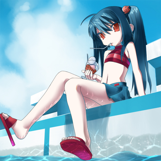 okina ika, kooh (pangya), pangya, 1girl, ahoge, bare shoulders, bikini, black hair, caustics, cloud, colored eyelashes, day, drink, drinking straw, female focus, flip-flops, glass, hair ornament, halterneck, head tilt, legs, long hair, looking at viewer, mouth hold, navel, no nose, outdoors, pleated skirt, pool, poolside, red eyes, sandals, skirt, sleeveless, sleeveless turtleneck, solo, swimsuit, turtleneck, twintails
