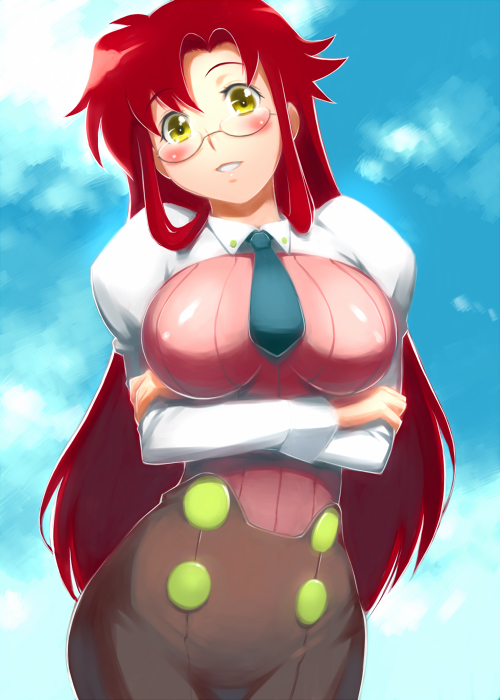 seki suzume, yoko littner, yomako, tengen toppa gurren lagann, 00s, 1girl, aged up, alternate hairstyle, blush, breasts, crossed arms, curvy, day, female focus, glasses, hair down, large breasts, long hair, necktie, pencil skirt, red hair, skirt, sky, solo, teacher, yellow eyes