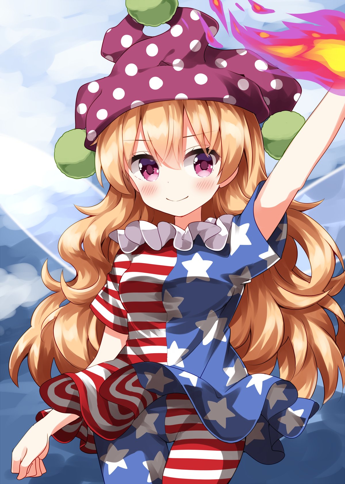 ruu (tksymkw), clownpiece, touhou, commentary, highres, 1girl, american flag, american flag dress, american flag legwear, american flag print, arm up, blonde hair, blue background, blue dress, blue pantyhose, breasts, cowboy shot, dress, fire, flag print, hat, jester cap, long hair, medium breasts, multicolored dress, multicolored pantyhose, pantyhose, pink eyes, pink hat, polka dot headwear, print dress, print pantyhose, red dress, short dress, short sleeves, solo, star (symbol), star print