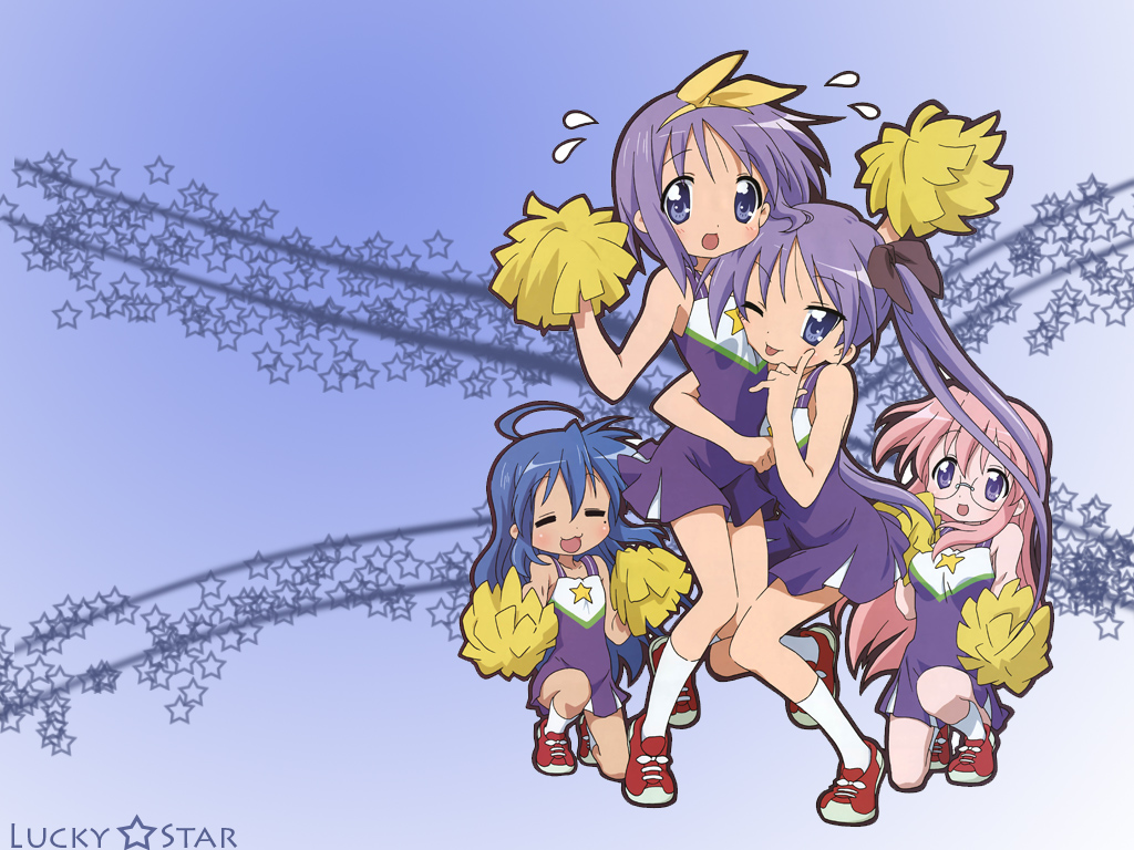 hiiragi kagami, hiiragi tsukasa, izumi konata, takara miyuki, lucky star, 00s, 4girls, :3, = =, blush, cheerleader, glasses, long hair, multiple girls, short hair, siblings, sisters, skirt, twins