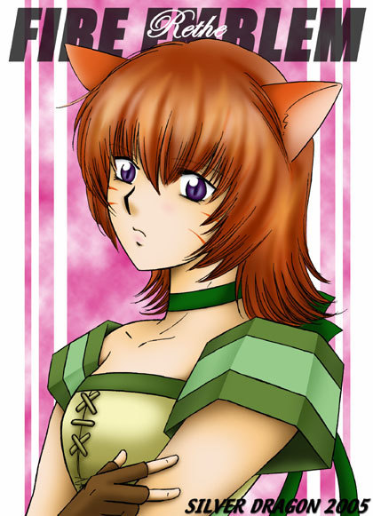 lethe (fire emblem), fire emblem, fire emblem: path of radiance, fire emblem: radiant dawn, nintendo, animal ears, brown hair, cat ears, collar, game, laguz (race), purple eyes, short hair