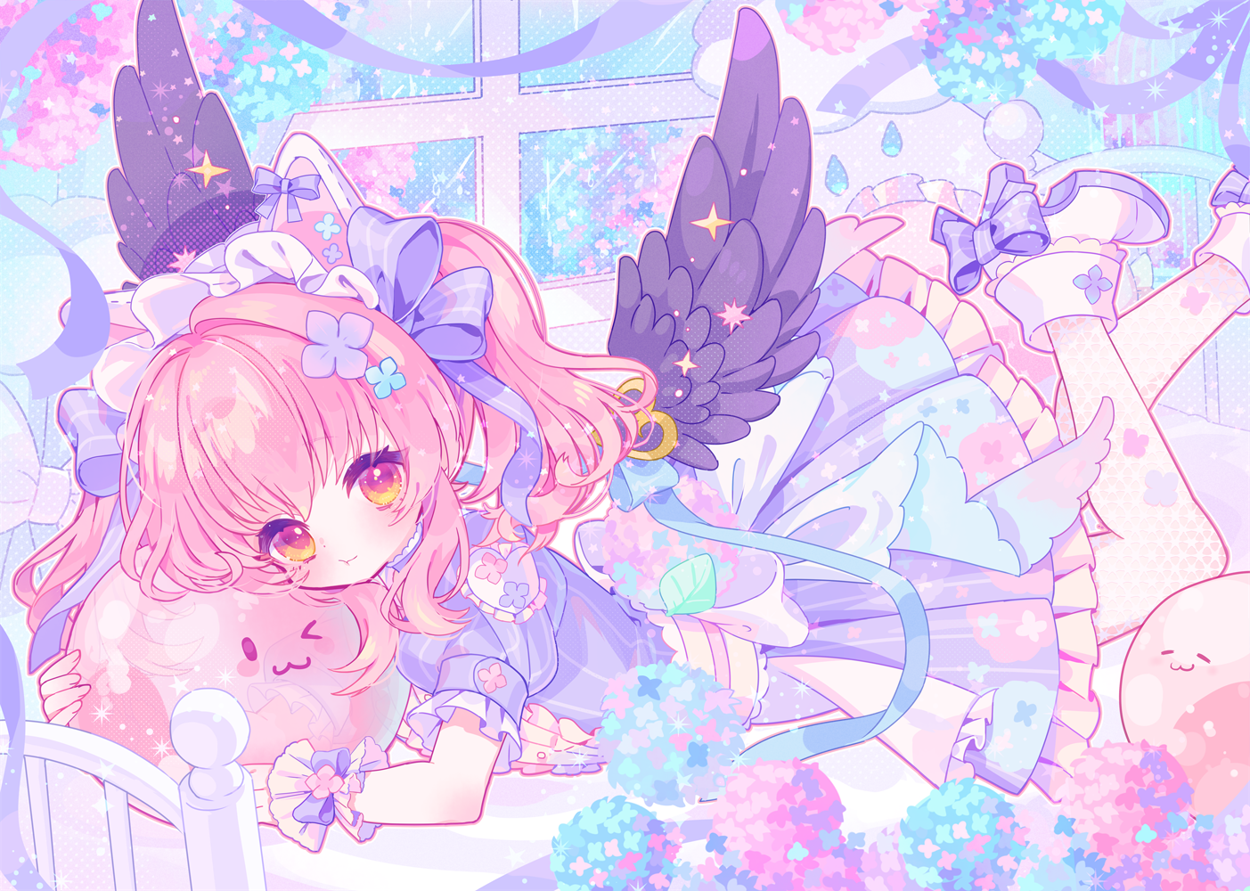 zippo (3756c), original, commission, skeb commission, 1girl, animal ears, black wings, bow, cat ears, dress, feathered wings, flower, frilled dress, frills, hair flower, hair ornament, hydrangea, looking at viewer, lying, on stomach, pink hair, pout, purple dress, ribbon, short sleeves, solo, twintails, window, wings, wrist cuffs