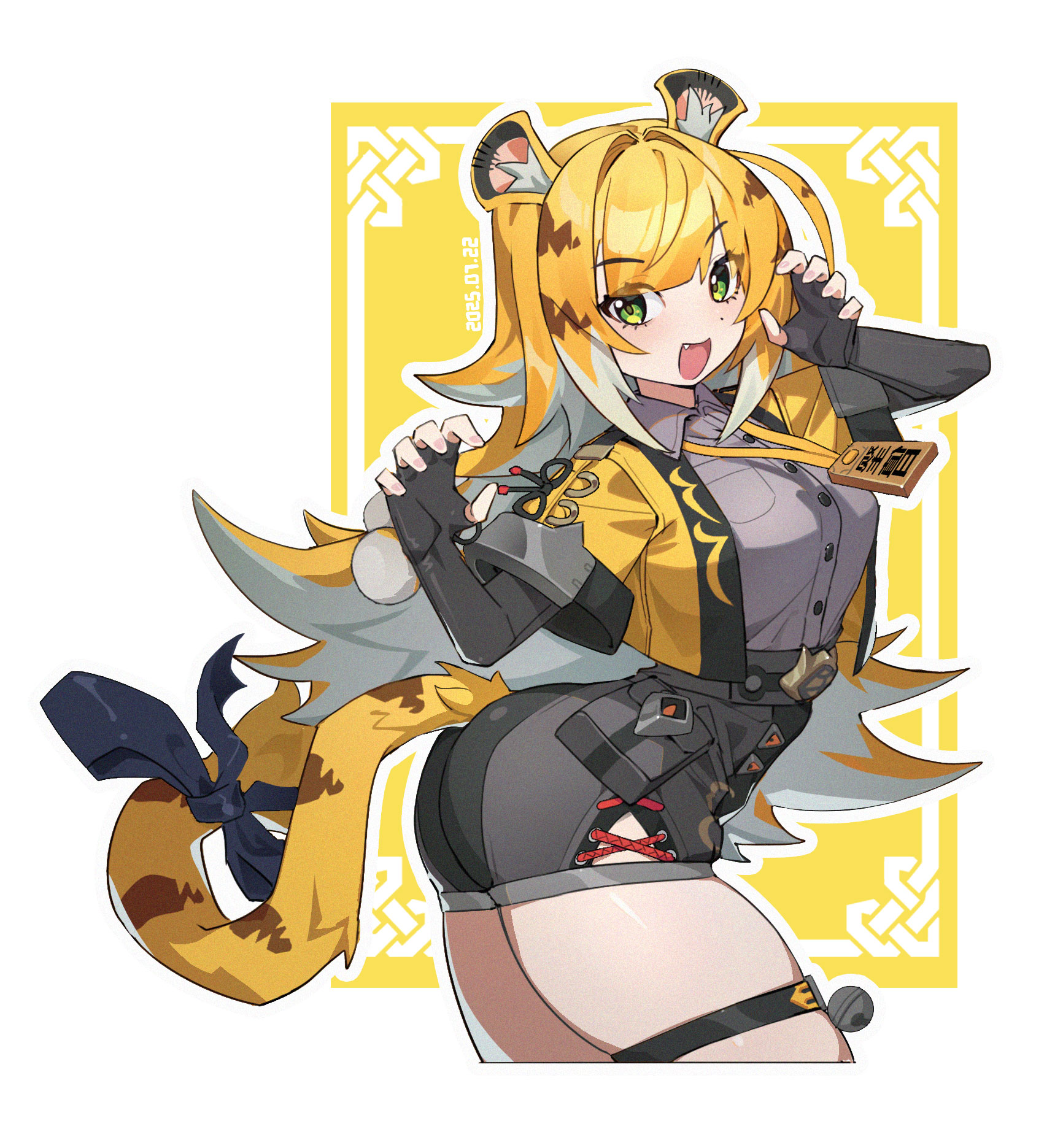 sesese, ju fufu, zenless zone zero, highres, animal ears, ass, black gloves, black shirt, black shorts, blonde hair, blue bow, bow, breasts, claw pose, collared shirt, cropped jacket, fingerless gloves, gloves, green eyes, jacket, multicolored hair, open mouth, pointy ears, shirt, shorts, small breasts, smile, solo, tail, tail bow, tail ornament, thigh strap, tiger ears, tiger girl, tiger stripes, tiger tail, two-tone hair, white hair, yellow jacket