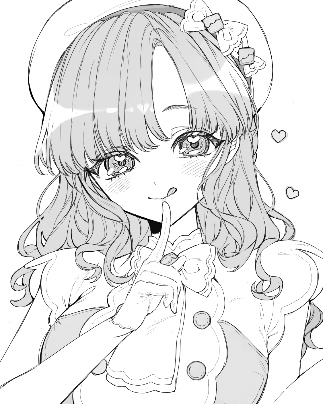 p kotai, saotome berry, nijisanji, highres, 1girl, :q, beret, bow, bowtie, buttons, double-breasted, gloves, greyscale, hat, hat bow, heart, heart in eye, index finger raised, long hair, monochrome, parted bangs, short sleeves, simple background, smile, solo, symbol in eye, tongue, tongue out, upper body, virtual youtuber, wavy hair, white background