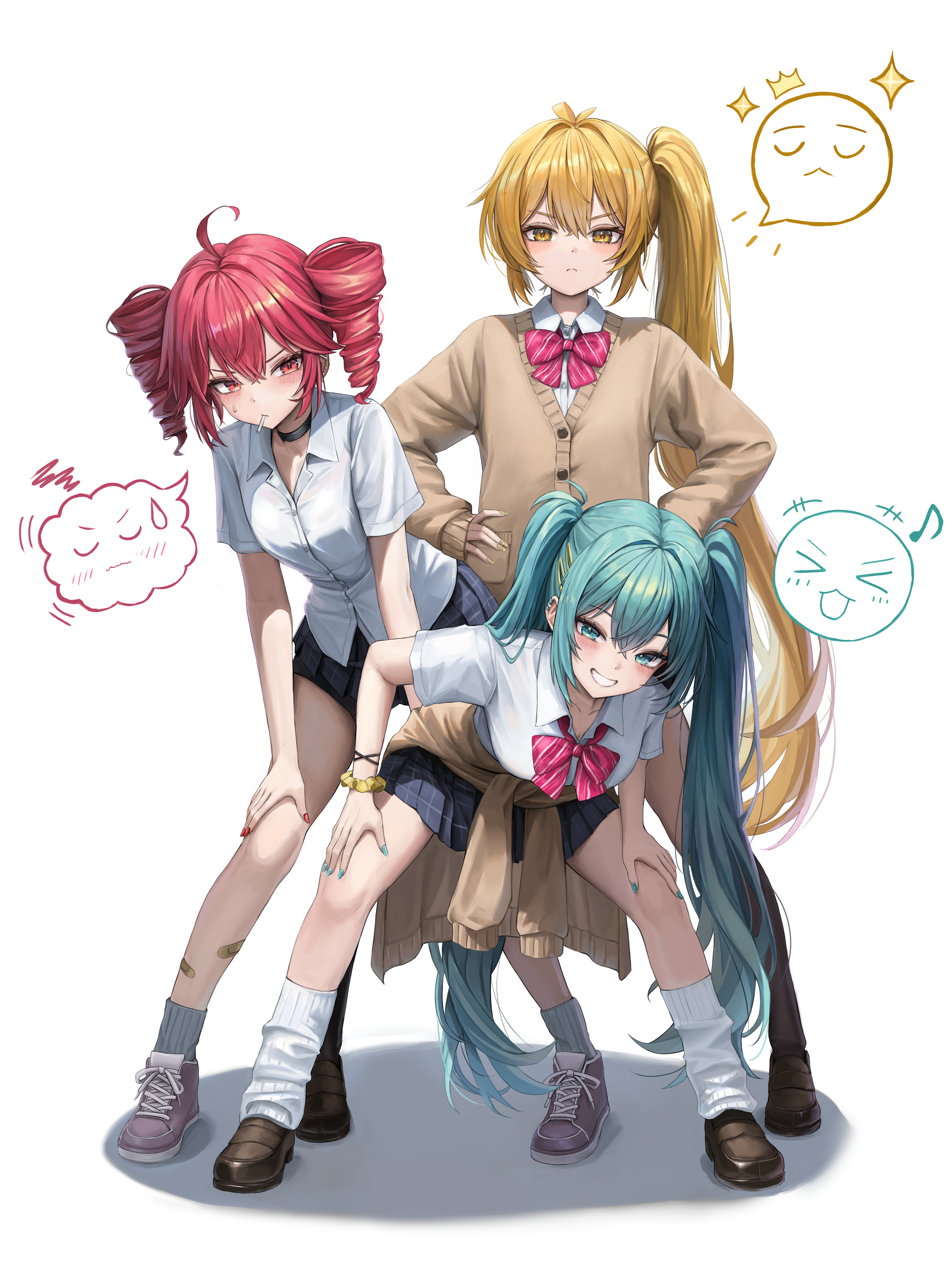 drizz, akita neru, hatsune miku, kasane teto, triple baka (vocaloid), utau, vocaloid, absurdres, commentary request, highres, revision, 3girls, ahoge, aqua eyes, aqua hair, aqua nails, black choker, black socks, blonde hair, blue skirt, blush, bow, brown cardigan, brown shoes, cardigan, choker, closed eyes, diagonal-striped bow, drill hair, grin, gyaru, hair between eyes, kneehighs, lollipop in mouth, long hair, loose socks, multiple girls, plaid clothes, plaid skirt, purple shoes, red bow, red eyes, red hair, red nails, school uniform, scrunchie, shirt, shoes, short sleeves, side ponytail, skirt, sleeves past wrists, smile, socks, striped bow, sweat, triple ryuunen, twin drills, twintails, very long hair, white shirt, white socks, wrist scrunchie, yellow eyes, yellow nails, yellow scrunchie