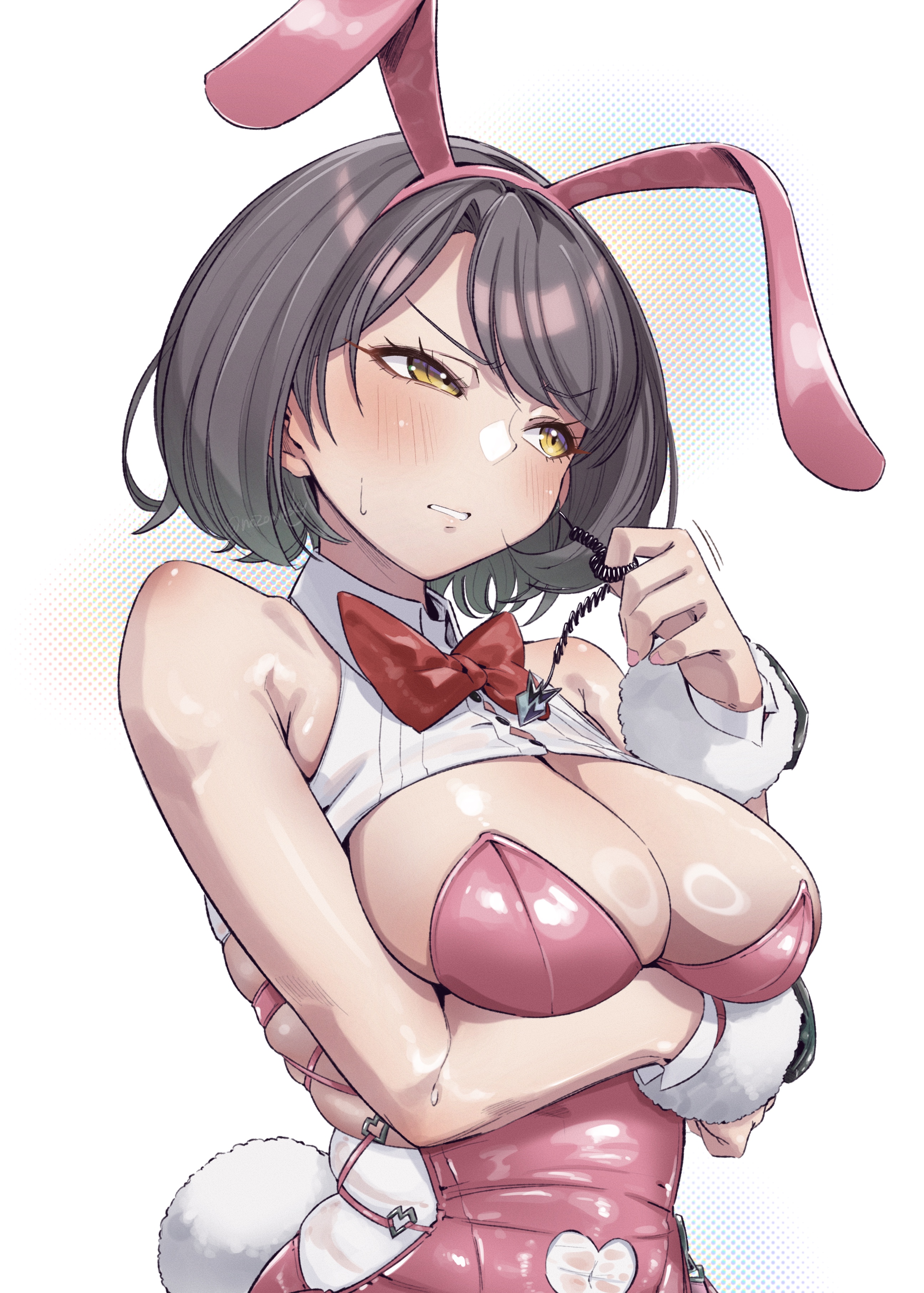 pomita, milk (blooming bunny) (nikke), milk (nikke), goddess of victory: nikke, absurdres, highres, 1girl, animal ears, arm under breasts, black hair, blush, bow, bowtie, breasts, cleavage, clothing cutout, earpiece, embarrassed, fake animal ears, large breasts, leotard, navel cutout, official alternate costume, pantyhose, pink leotard, playboy bunny, rabbit ears, shiny skin, short hair, side-tie leotard, simple background, solo, undersized breast cup, white background, white pantyhose, yellow eyes