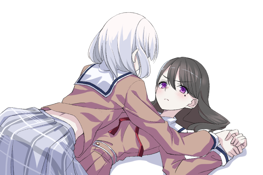 gumoyu, kaname raana, shiina taki, bang dream!, bang dream! it's mygo!!!!!, commentary request, 2girls, brown dress, brown hair, brown shirt, dress, medium hair, mole, mole under eye, multiple girls, neck ribbon, pinned, plaid clothes, plaid skirt, pleated skirt, purple eyes, red ribbon, ribbon, sailor collar, sailor dress, school uniform, serafuku, shirt, simple background, skirt, white background, white hair, white sailor collar, white skirt, yuri