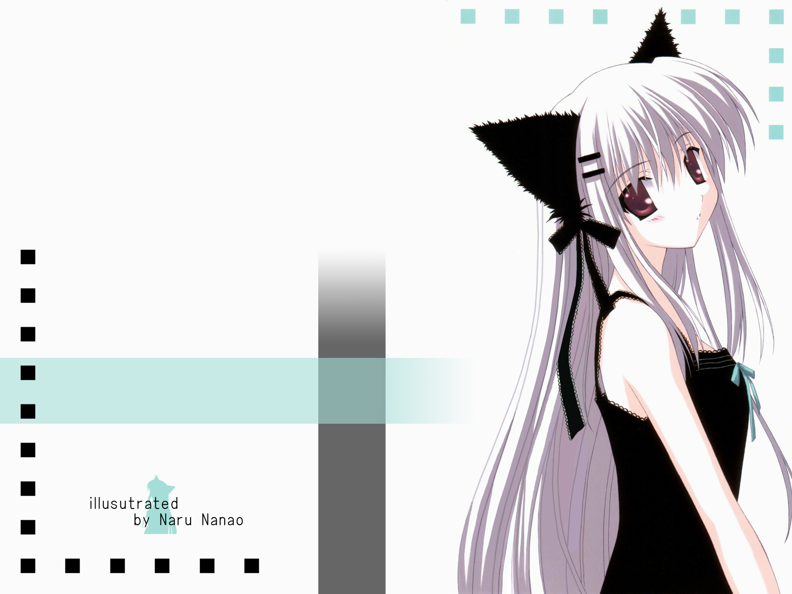 naru nanao, original, silver hair, highres, 1girl, animal ears, black dress, blush, bow, brown eyes, cat ears, cat girl, dress, hair ornament, hair ribbon, hairclip, lace, long hair, looking at viewer, parted lips, ribbon, skirt, sleeveless, sleeveless dress, teeth, white background