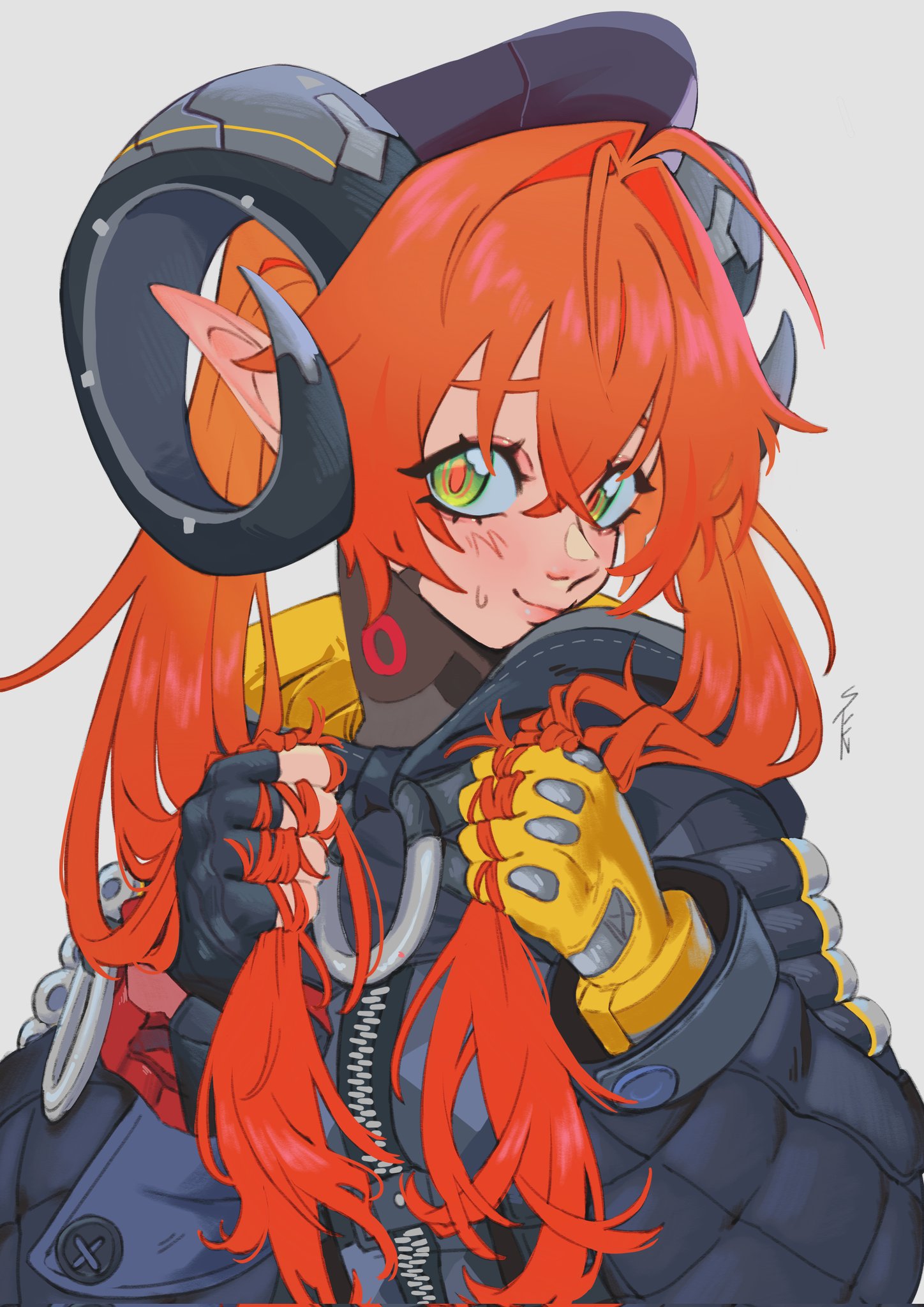 senouzzz, orphie magnusson, zenless zone zero, highres, 1girl, accessories, ammunition, asymmetrical gloves, black horns, black jacket, blush, cropped hoodie, dragon girl, dragon horns, fingerless gloves, gloves, green eyes, hand in own hair, hat, hood, hoodie, horns, jacket, long hair, looking at viewer, mechanical horns, mechanical tail, mismatched gloves, orange hair, orange pupils, pointy ears, signature, single fingerless glove, solo, tail, twintails, twirling hair, yellow gloves, zipping