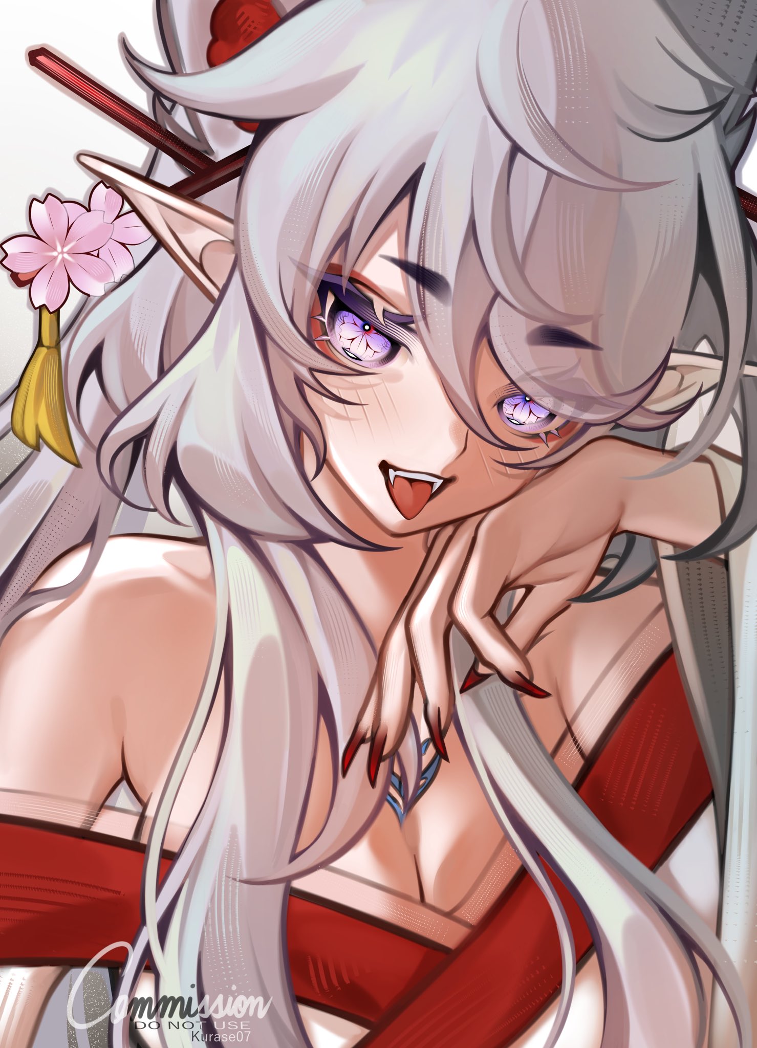 kurase 07, indie virtual youtuber, commentary, commission, english commentary, highres, vgen commission, 1girl, bare shoulders, breasts, cleavage, elitty suiko, eyeliner, fangs, fingernails, flower, grey hair, hair between eyes, hand up, japanese clothes, kimono, large breasts, long hair, looking at viewer, makeup, nail polish, open mouth, pink flower, pointy ears, purple eyes, red eyeliner, red kimono, red nails, simple background, smile, solo, swept bangs, symbol in eye, teeth, tongue, tongue out, upper body, upper teeth only, virtual youtuber, white background