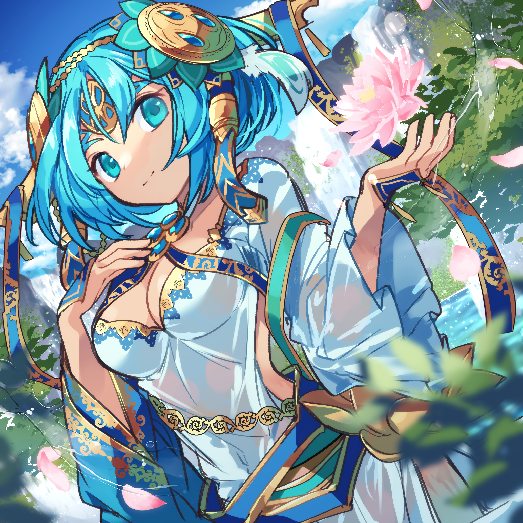 kuuron (moesann17), sarasvati (p&d), puzzle & dragons, commentary request, highres, 1girl, blue dress, blue eyes, blue hair, breasts, cleavage, dress, feathers, flower, gold trim, hair ornament, large breasts, lotus, outdoors, short hair, sky, smile, solo, water, waterfall, white dress