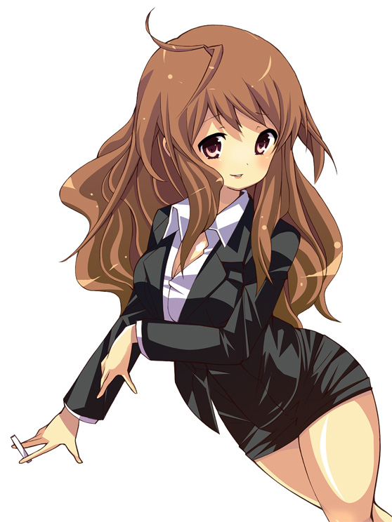 yuutarou, asahina mikuru, asahina mikuru (adult), suzumiya haruhi no yuuutsu, uniform, 00s, 1girl, aged up, blush, brown eyes, brown hair, chalk, female focus, formal clothes, long hair, miniskirt, pencil skirt, skirt, skirt suit, smoking, solo, suit